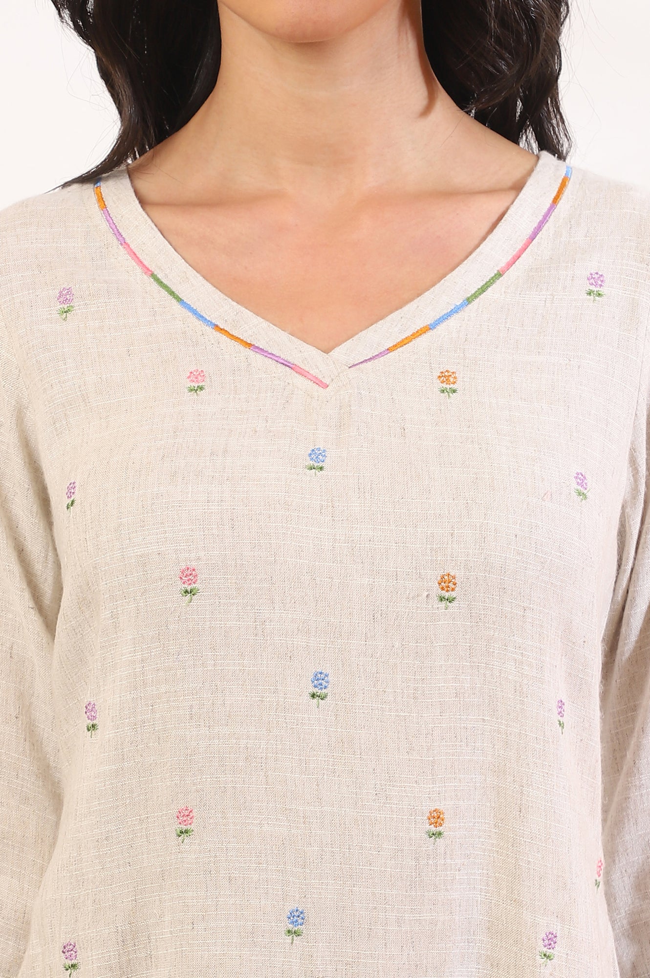 Off White Printed Zari Straight Rayon Flax Kurta - Image 4
