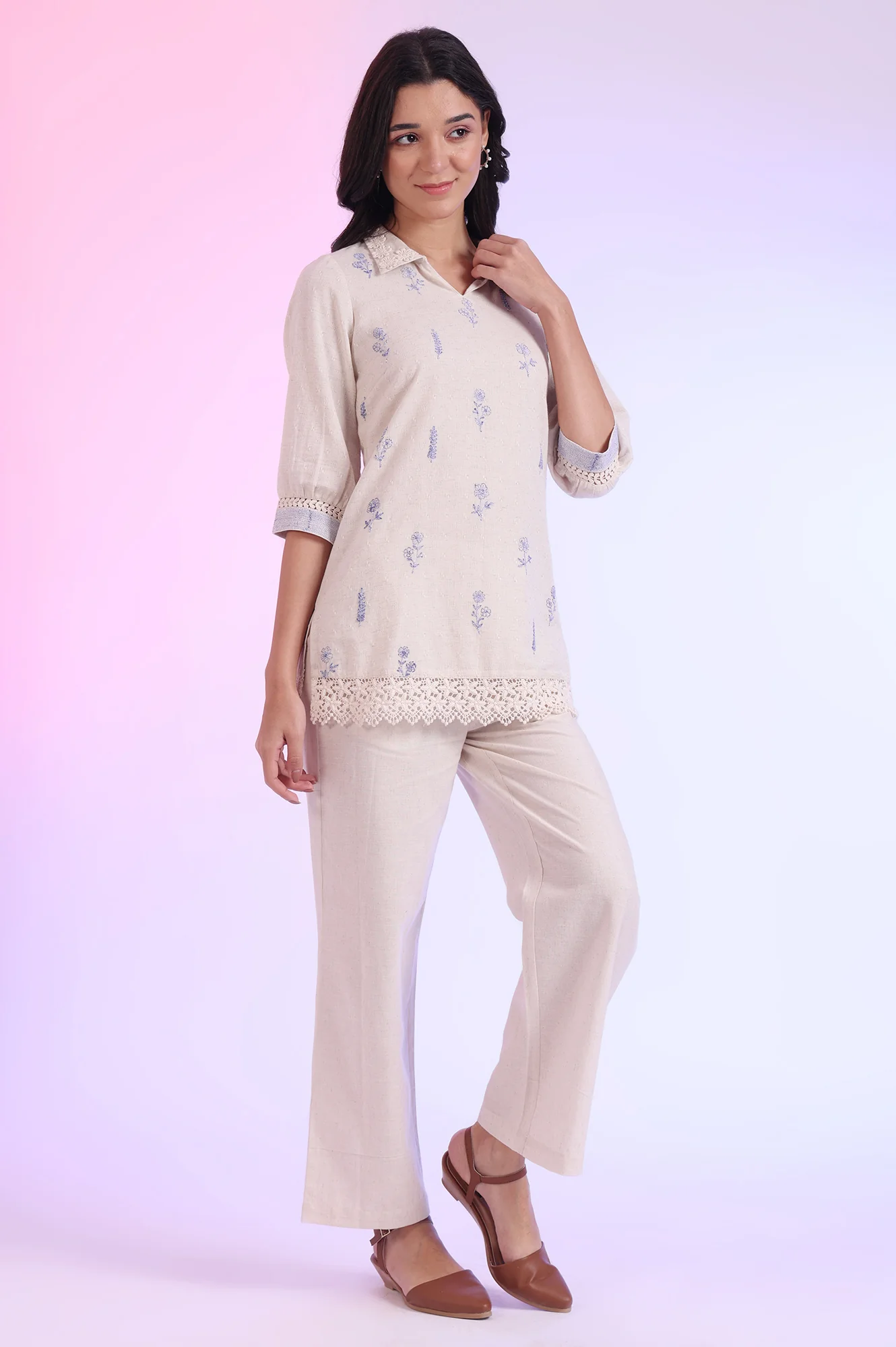 Off White Yarn Dyed Straight Cotton Blend Kurti - Image 7