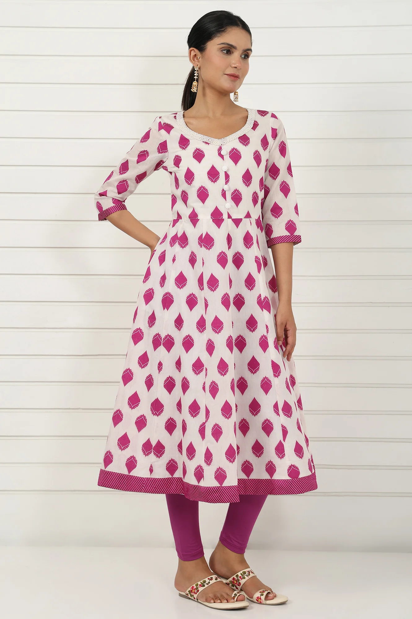 Off White Abstract Printed Beads Jacquard Anarkali Kurta, Legging And Dupatta Set - Image 6