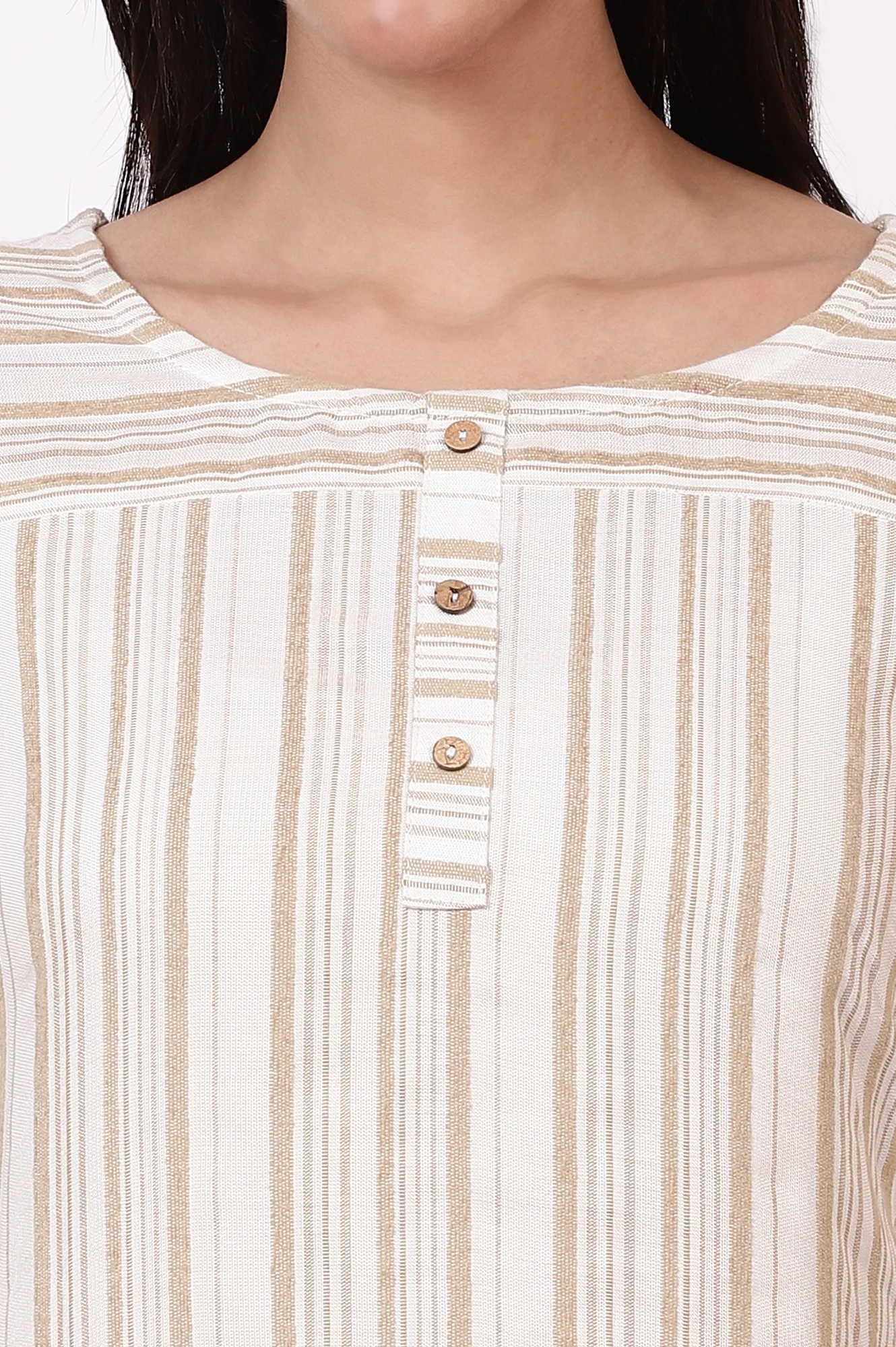 Off-white and Beige Stripe Cotton Rayon Short Kurti and Pants Set - Image 3