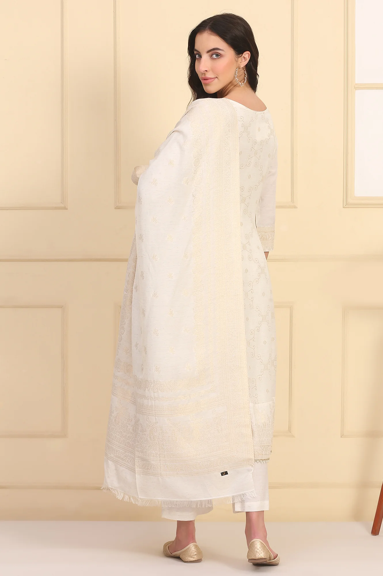 Off White Bead Embellished Flared Kurta, Palazzo and Dupatta Set - Image 5