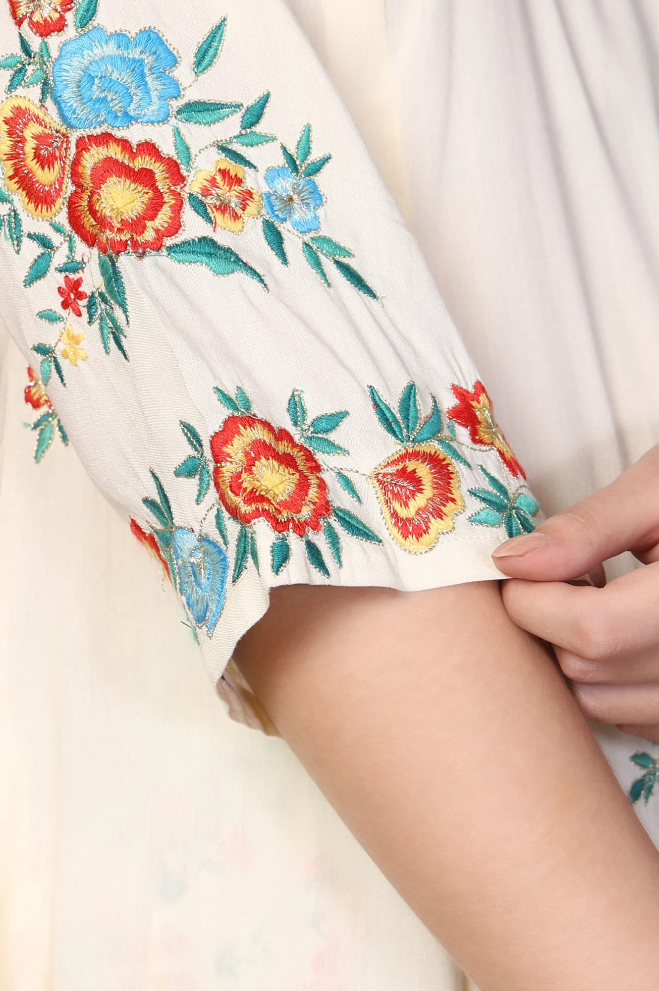 Off-White Embroidered A-Line Cotton Kurta with Trouser and Dupatta Set - Image 7