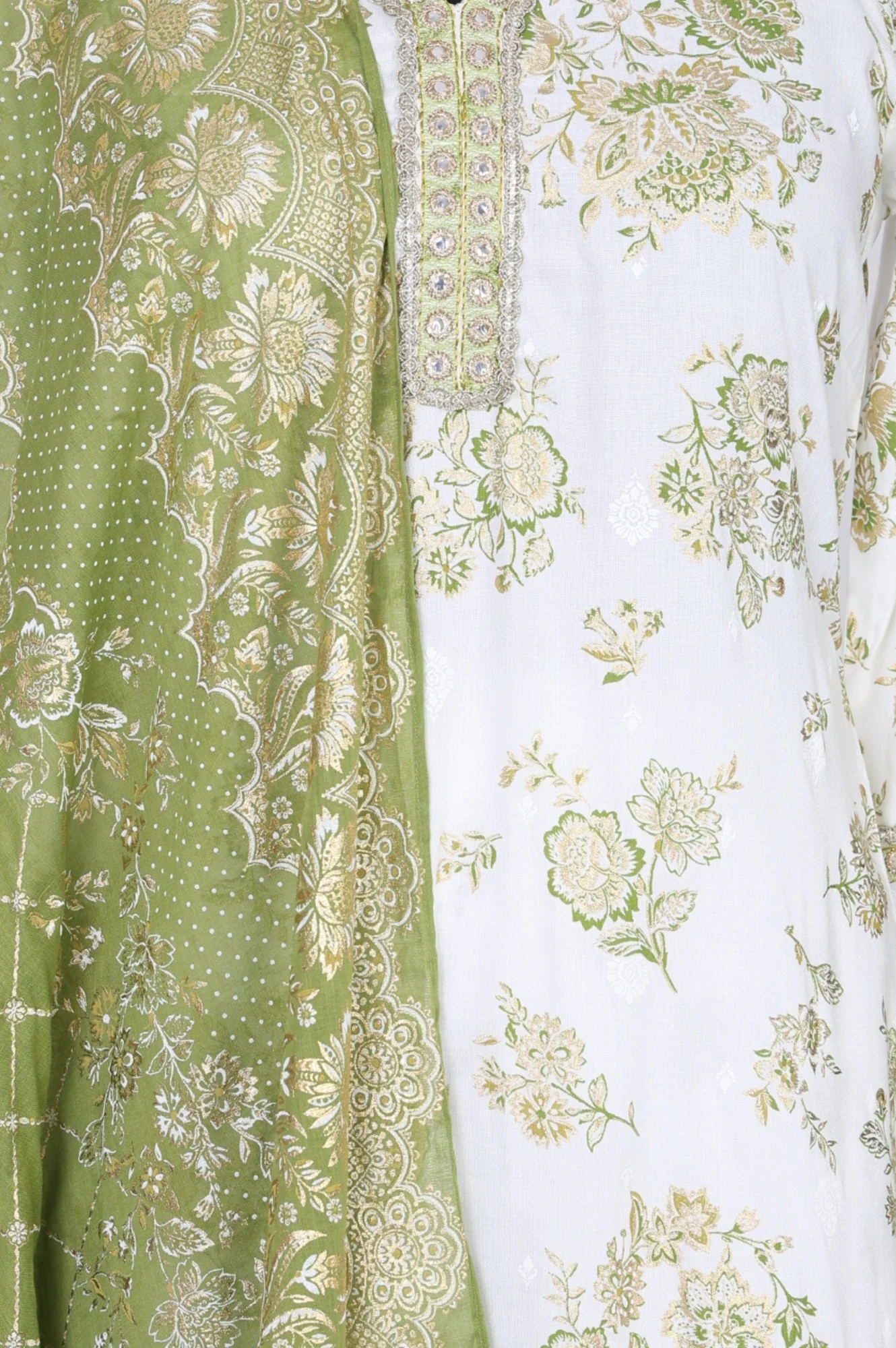 Off White Embroidered Floral Printed Rayon Straight Kurta with Salwar and Dupatta Set - Image 2