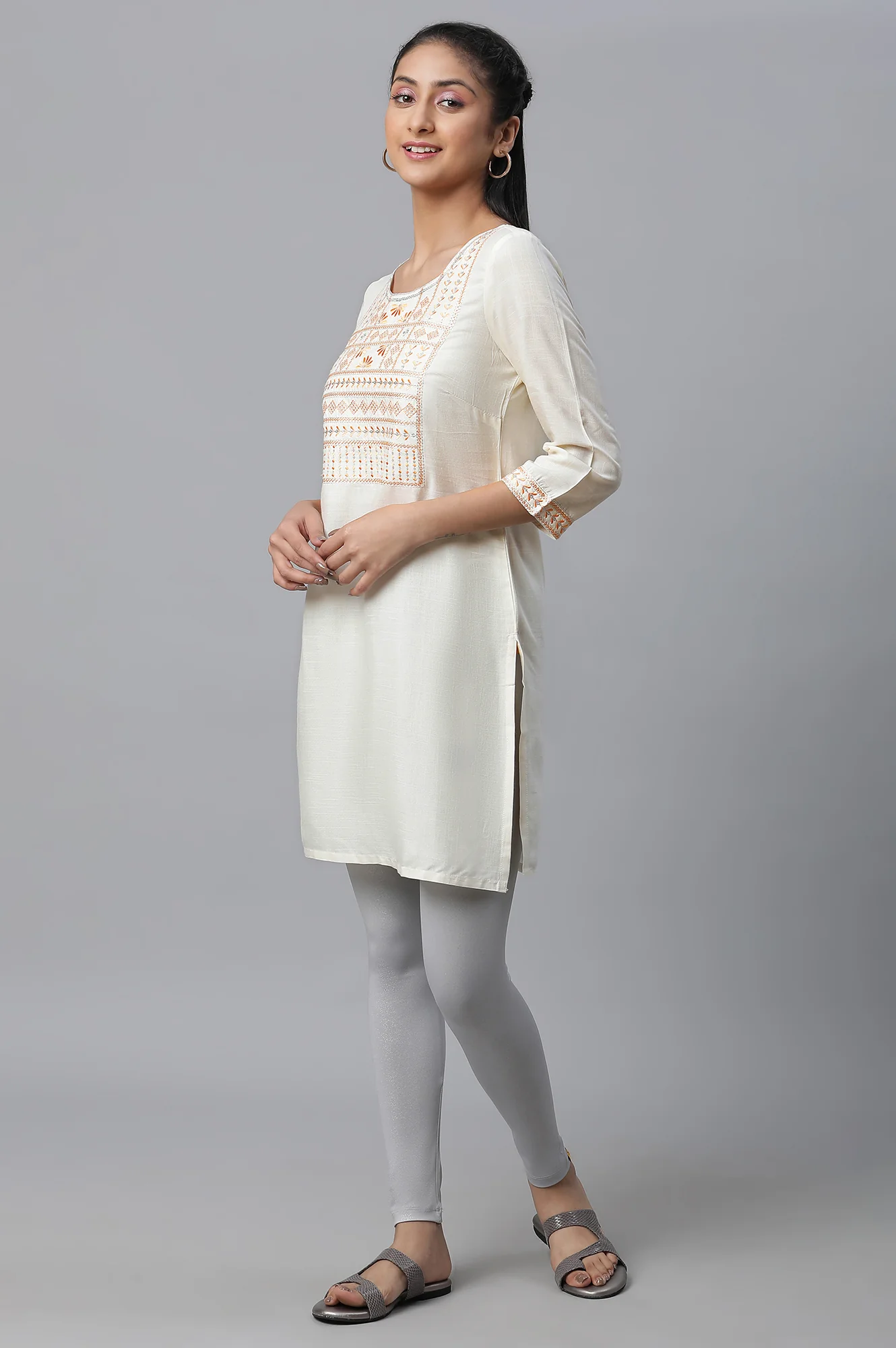 Off-white Embroidered Short Kurti - Image 2