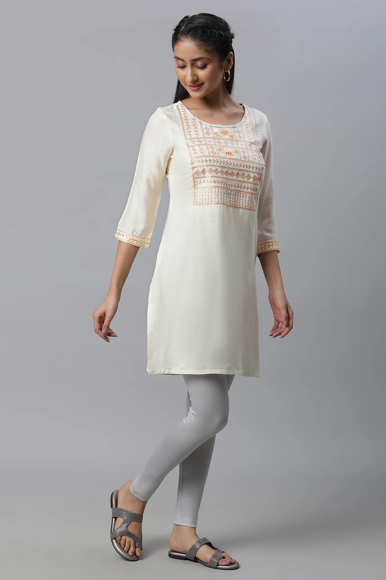 Off-white Embroidered Short Kurti - Image 3