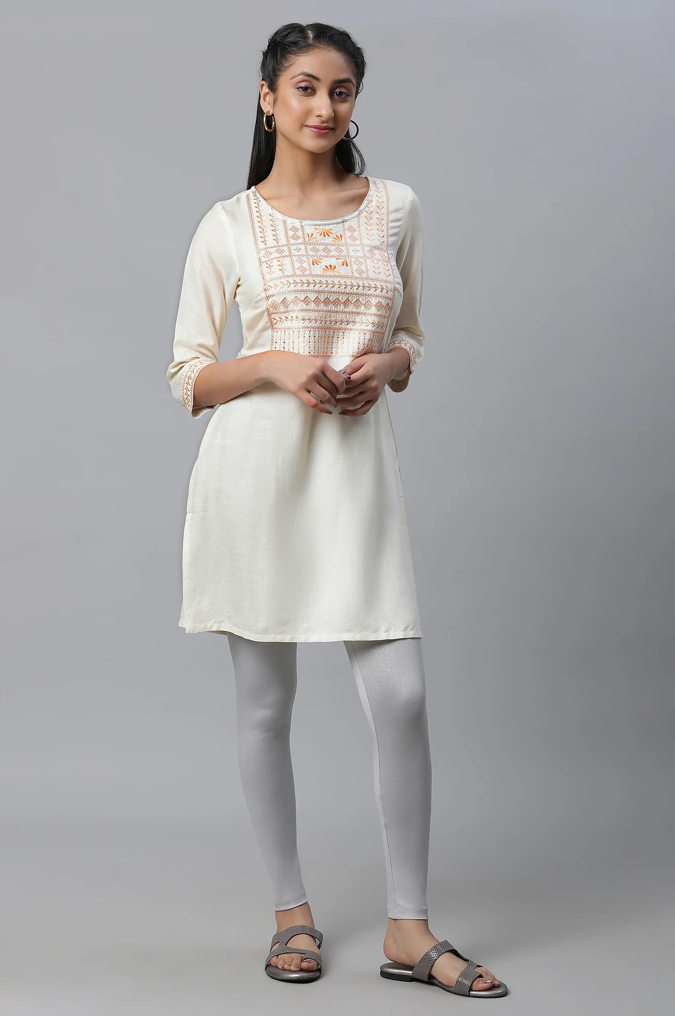 Off-white Embroidered Short Kurti - Image 5