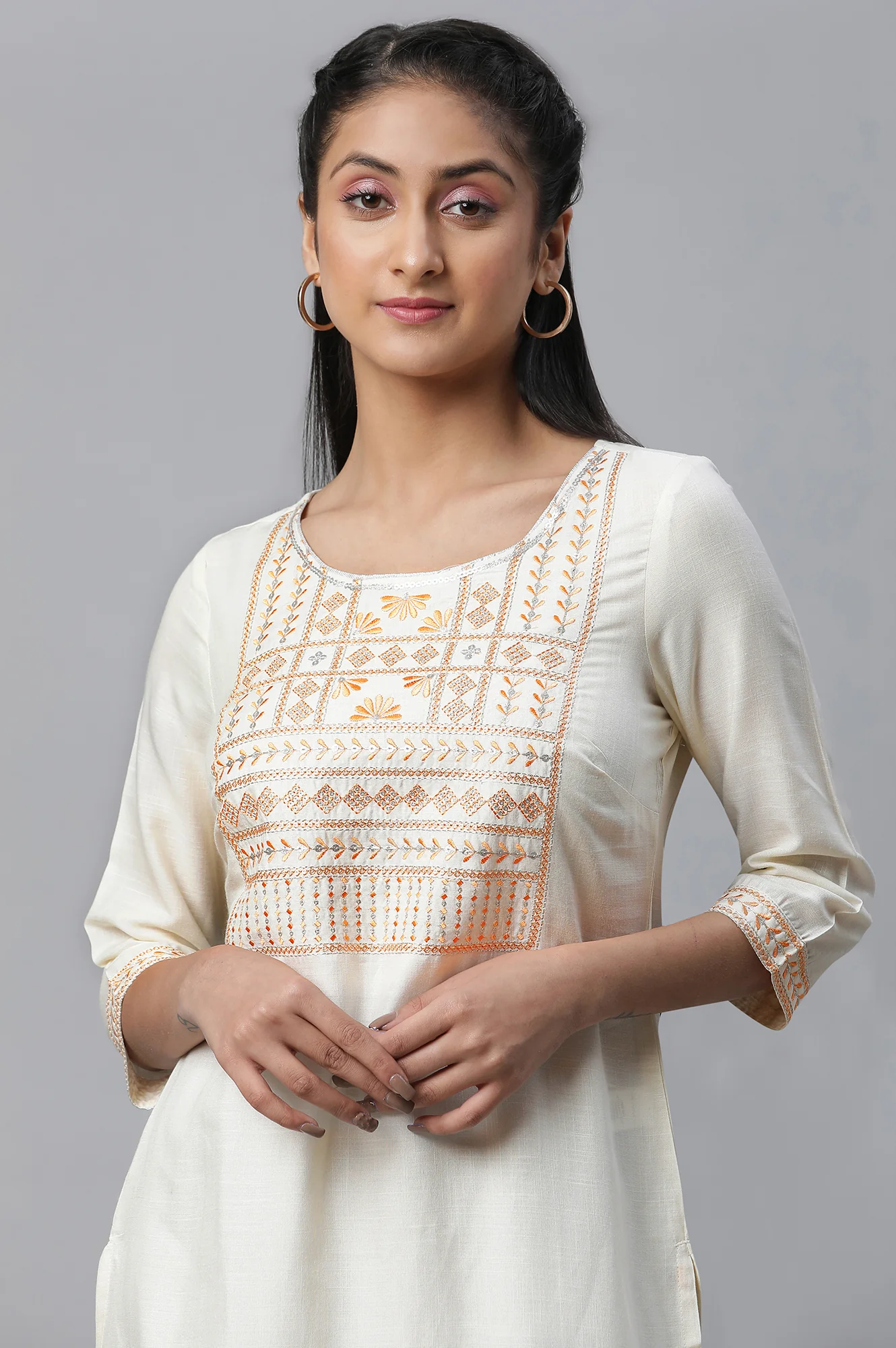 Off-white Embroidered Short Kurti - Image 6
