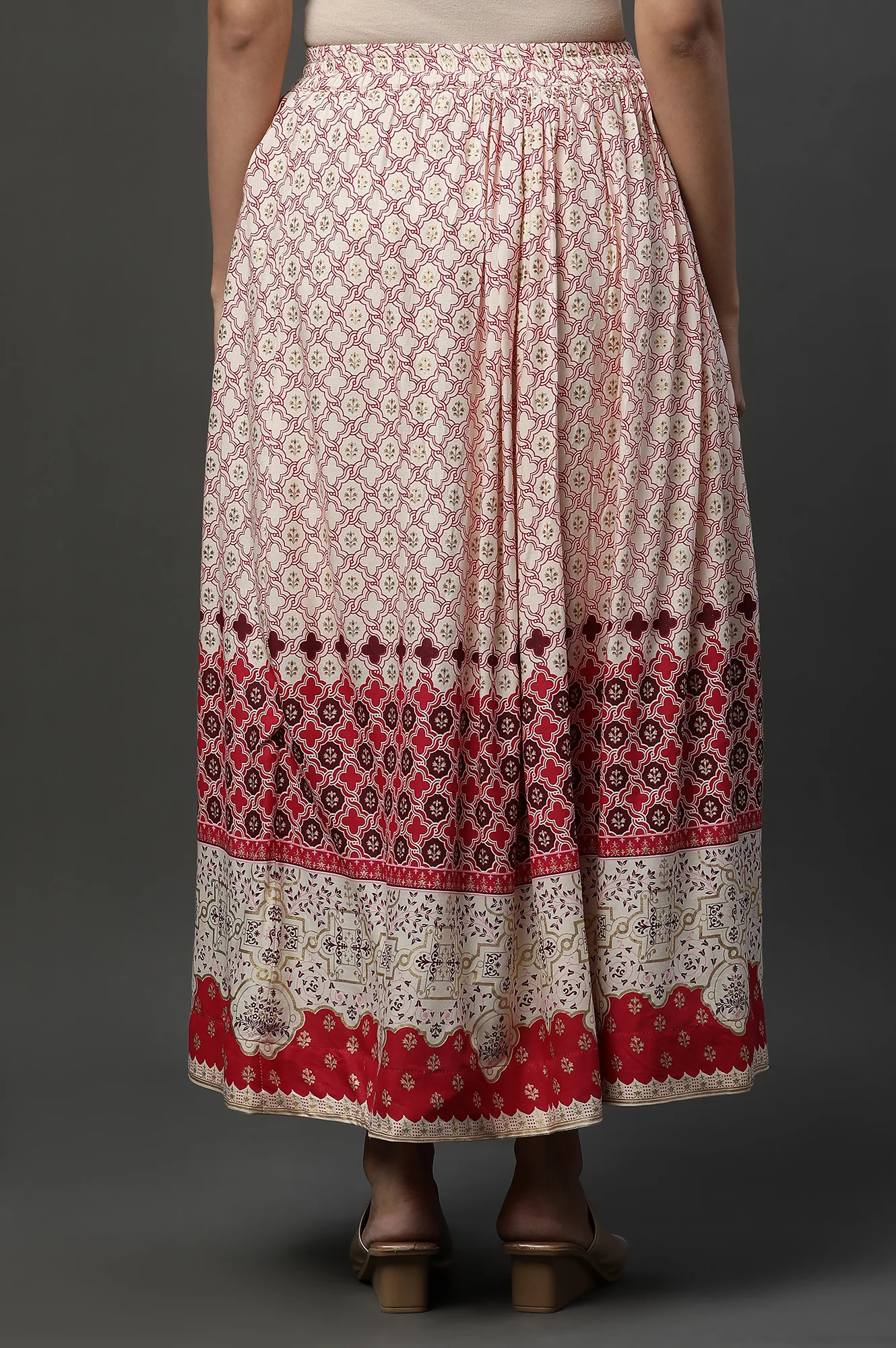 Off White Flared Skirt with Red Print All Over - Image 4