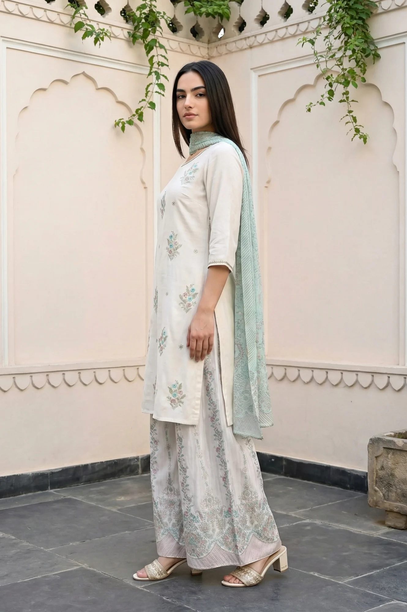 Off White Embroidered Straight Kurta with Palazzo and Dupatta Set - Image 3