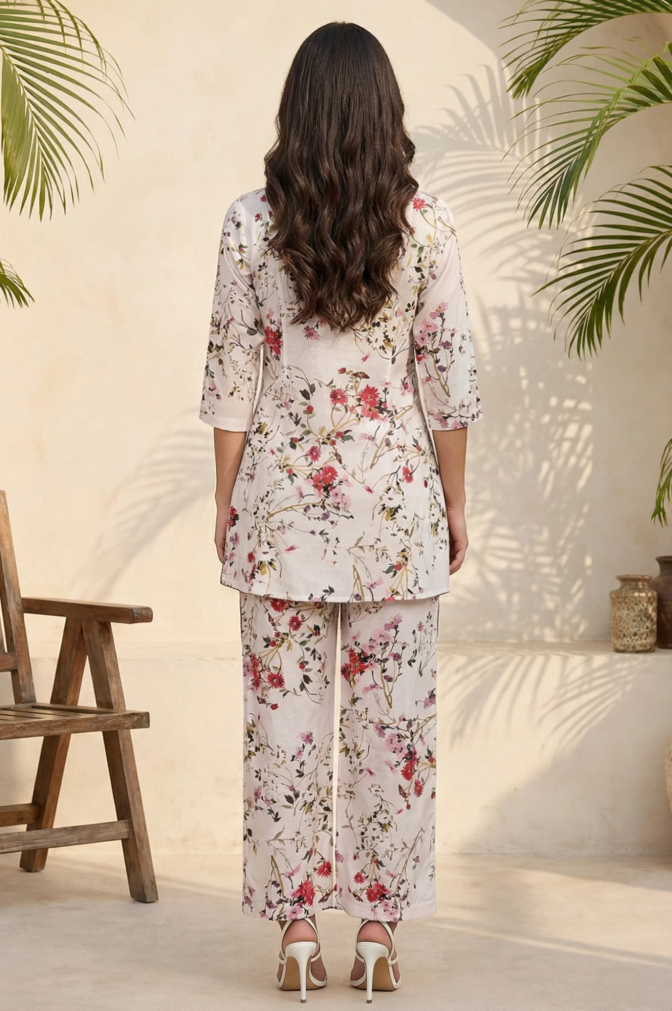 Off White Floral Printed A-line Top and Palazo Co-ord Set - Image 4