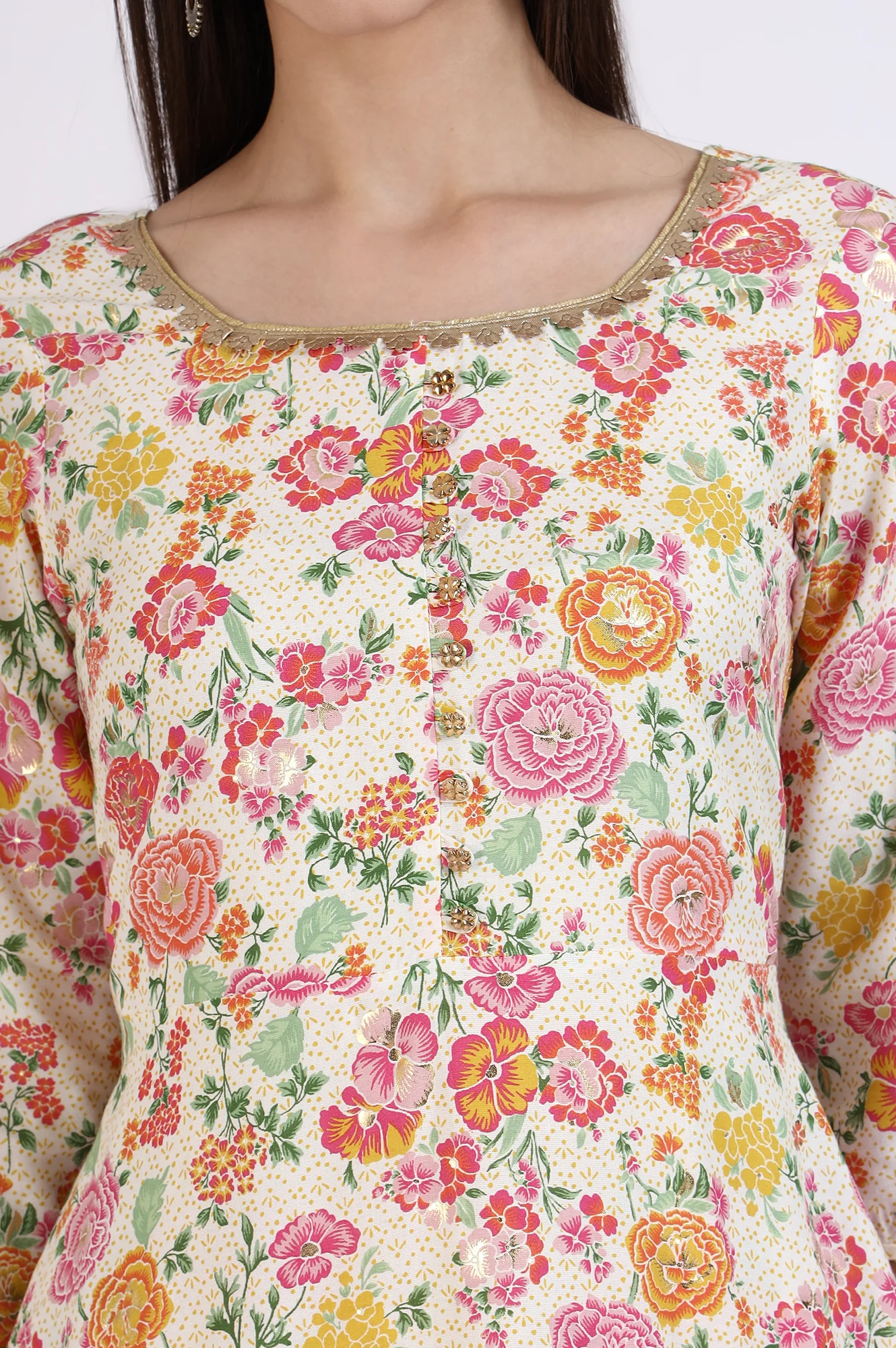 Off-White Floral Printed Embellished Flared Kurta and Trousers Co-ord Set - Image 4