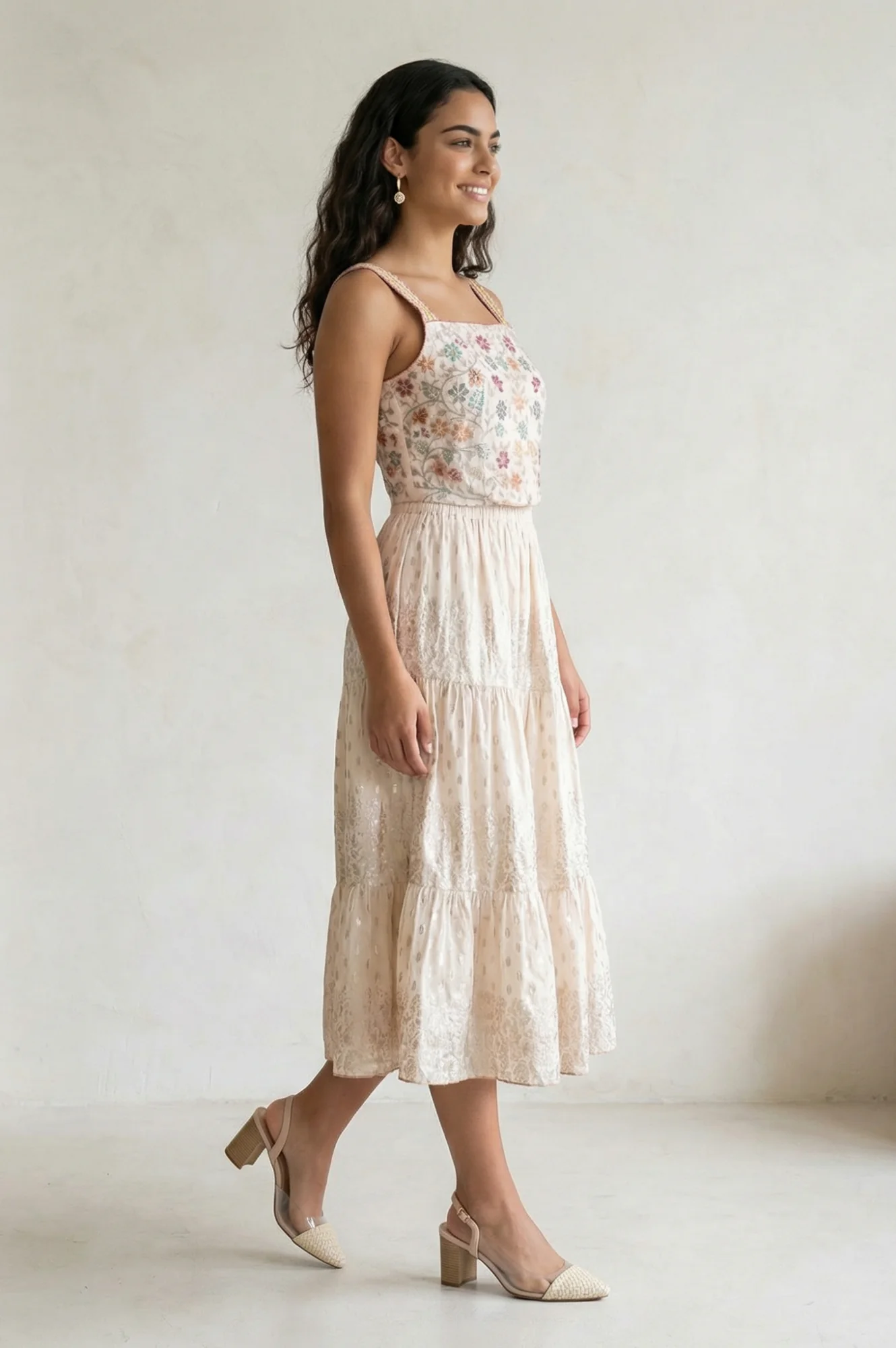 Off-White Floral Printed Embroidered Flared Dress Set - Image 6