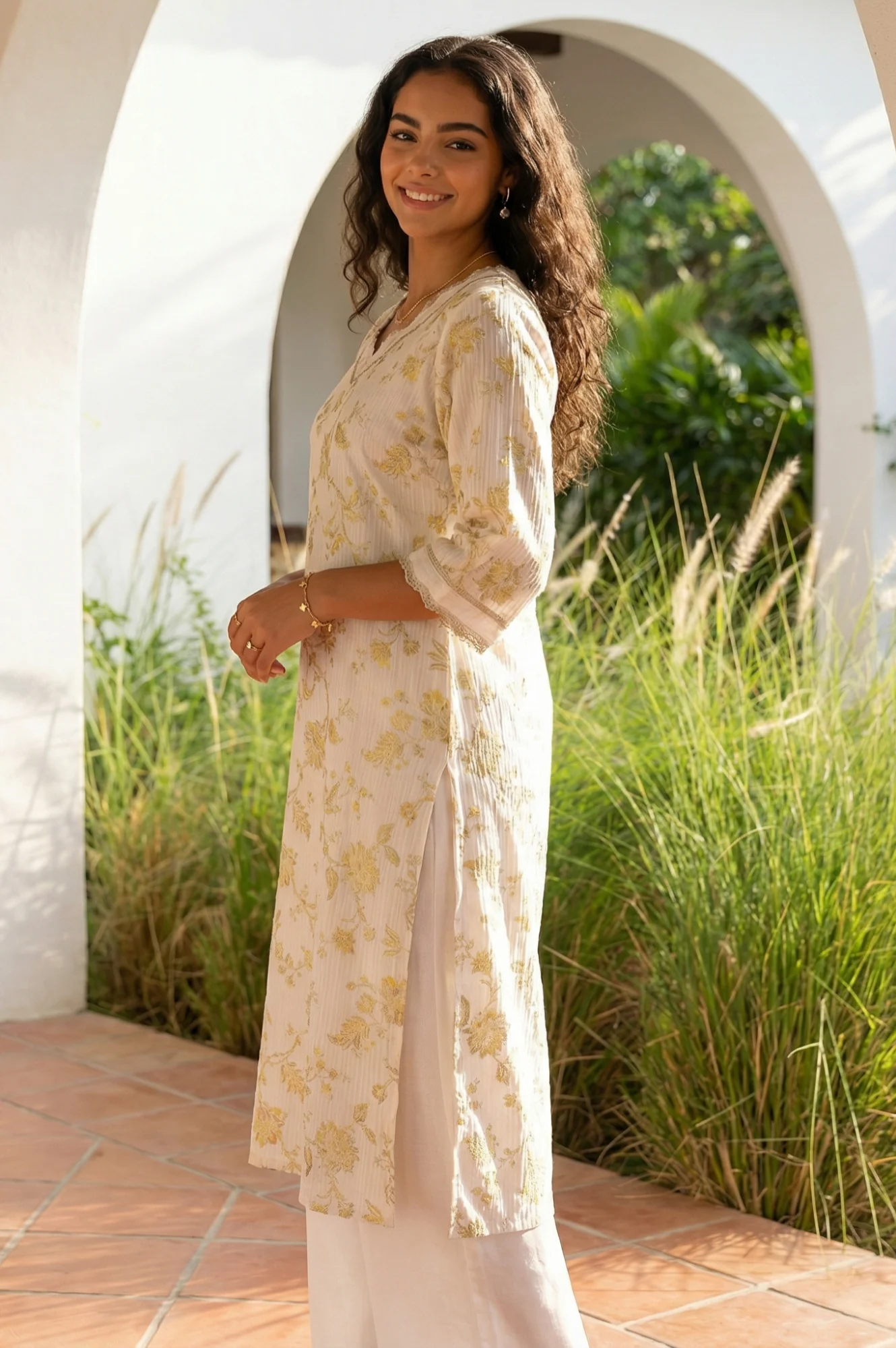Off White Floral Printed Embroidered Rayon Straight Kurta - Image 3
