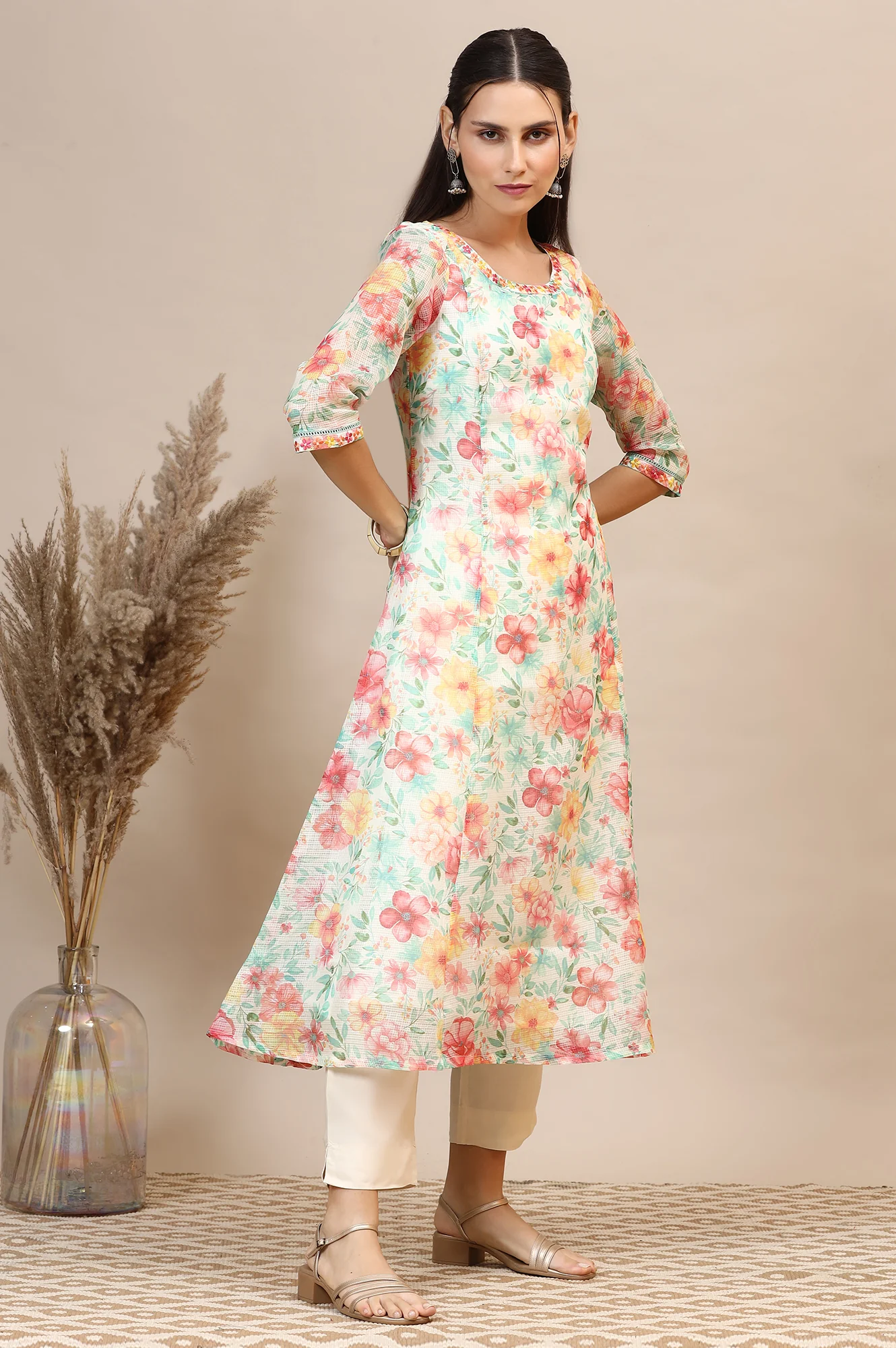 Off-White Floral Printed Kota Anarkali Kurta with Embroidered Neck - Image 7