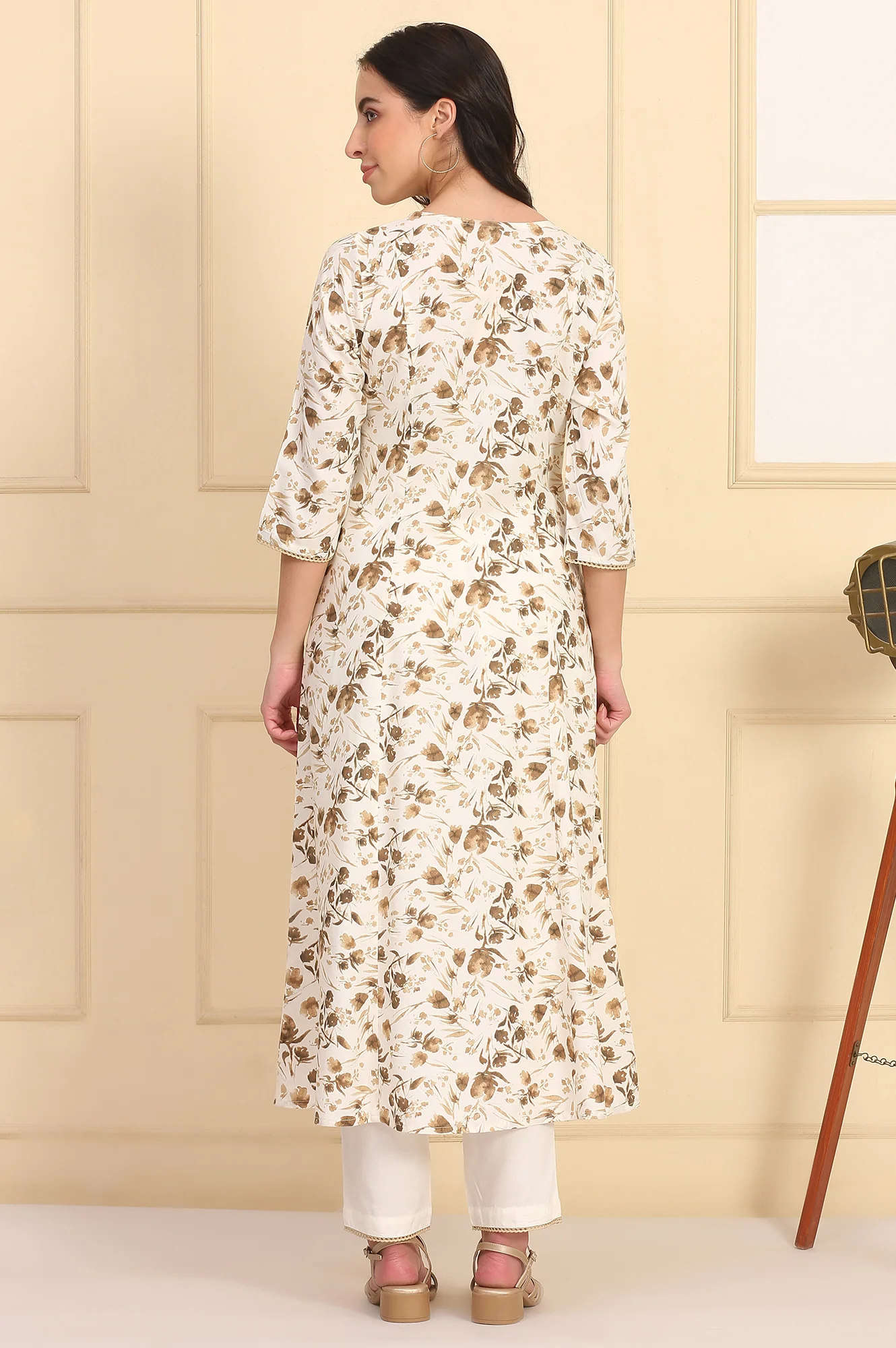 Off White Floral Printed Lace A-Line Rayon Kurta and Trousers Set - Image 6