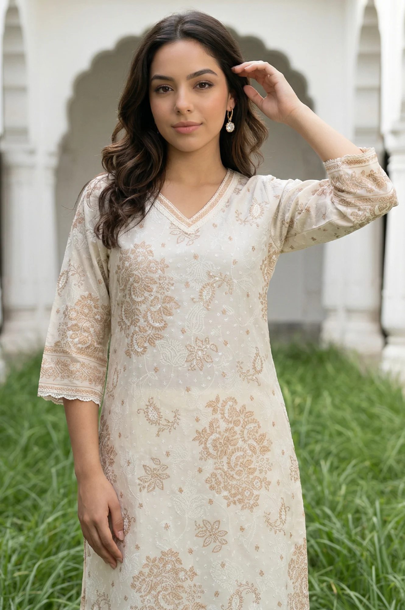 Off White Floral Printed Lace Cotton Straight Kurta with Palazzo Co-ord Set - Image 3