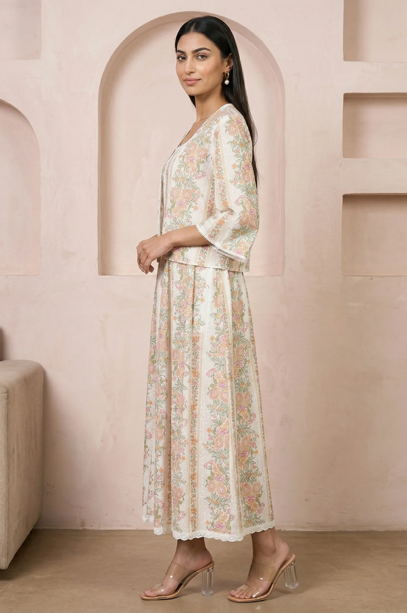 Off White Floral Printed Pure Cotton Flared Dress with Jacket Set - Image 5