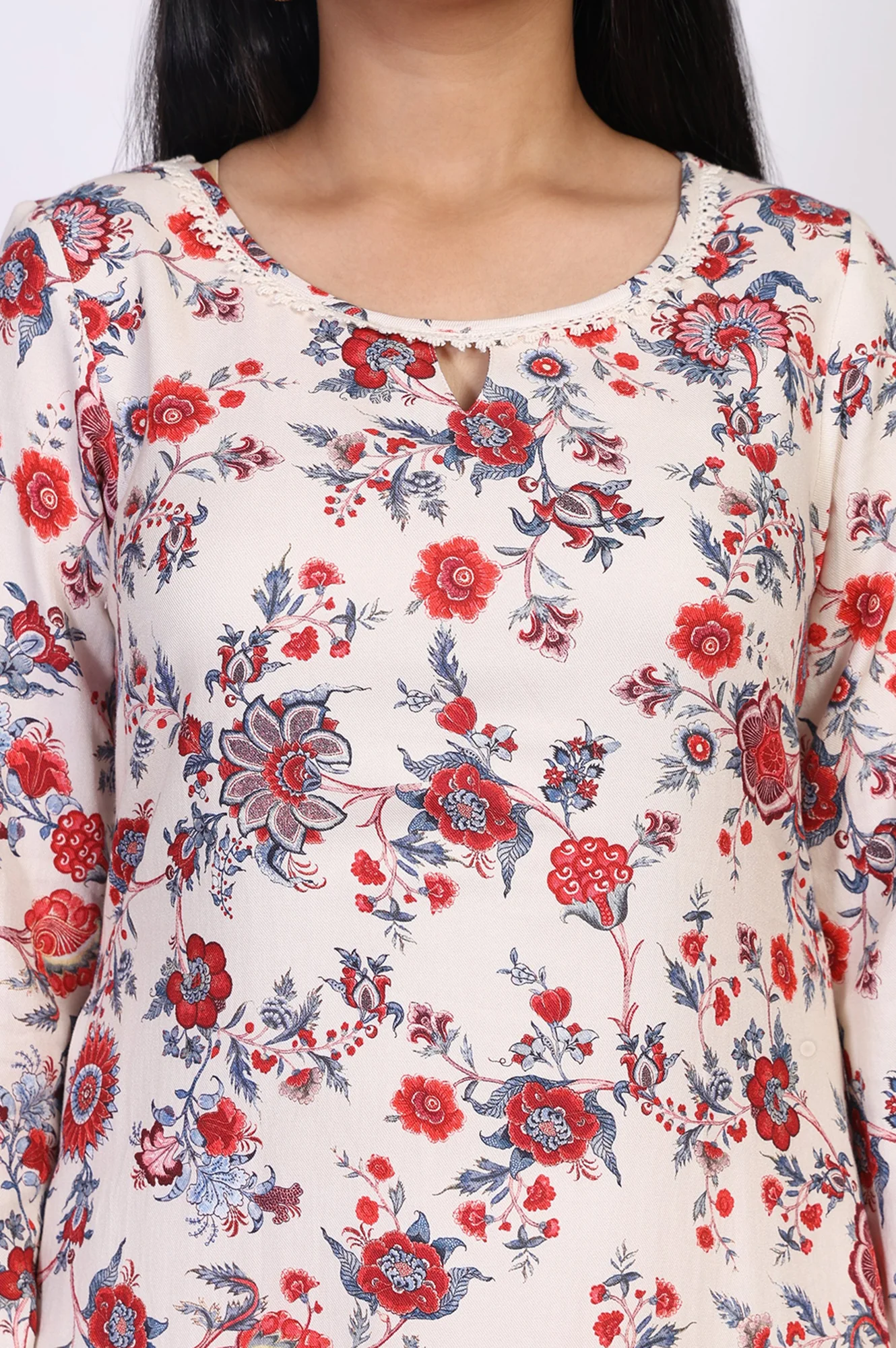 Off-White Floral Printed Straight Kurta - Image 2