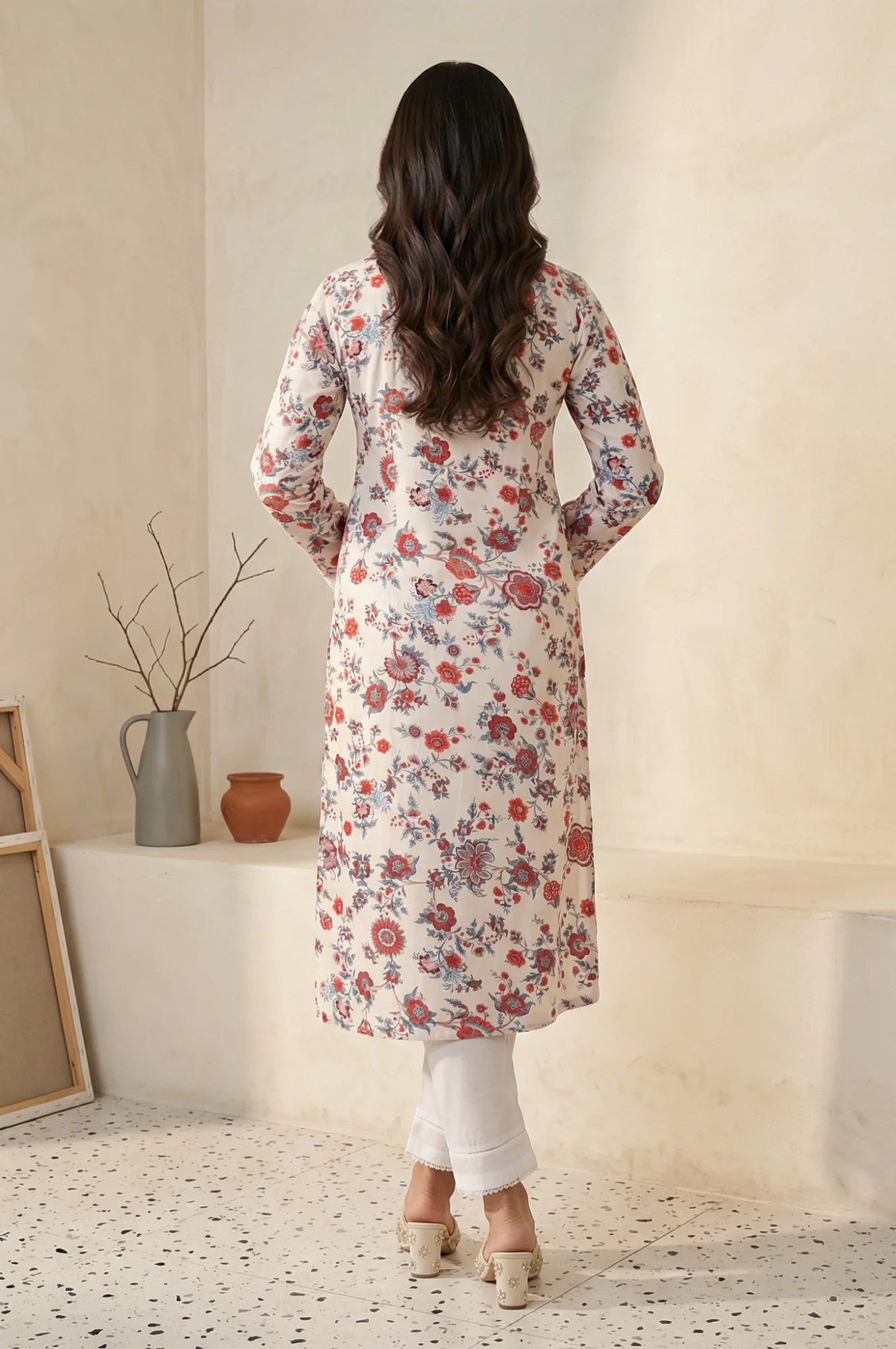 Off-White Floral Printed Straight Kurta - Image 4