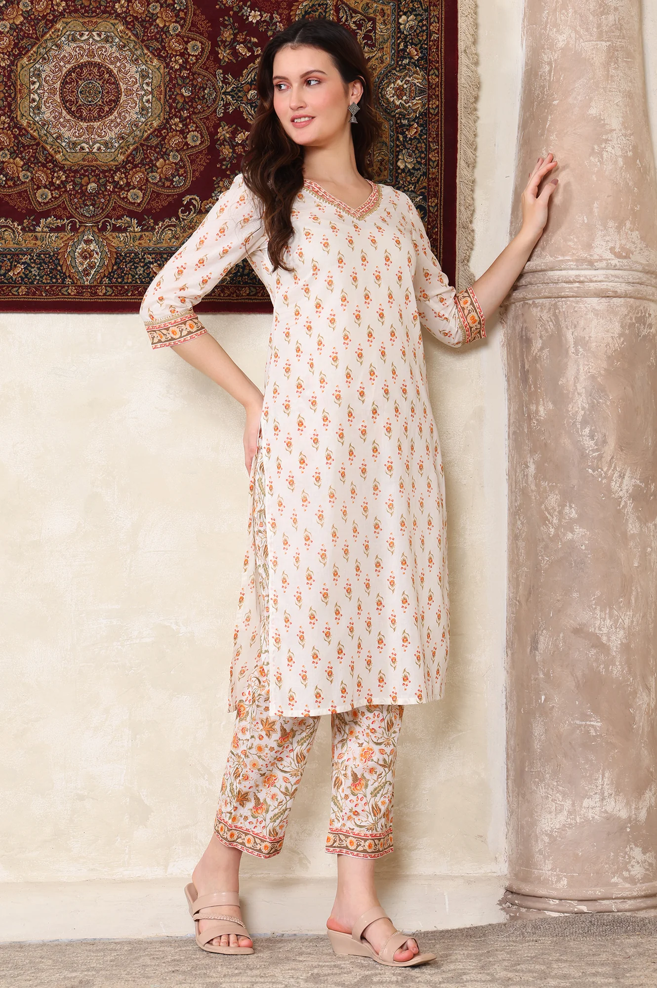 Off White Floral Printed Tape Embellished Straight Cotton Kurta and Pant Co-ord Set - Image 6