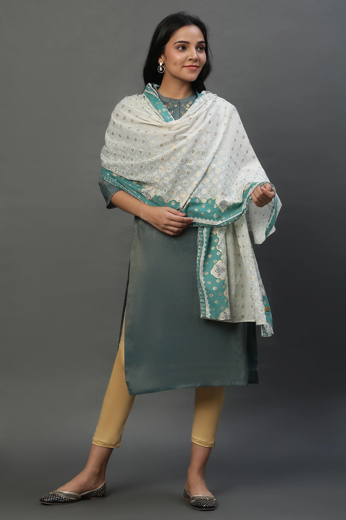 Off-White Floral Zari Print Chiffon Dupatta - Image 2