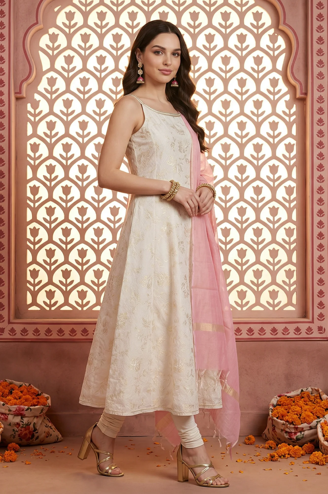 Off-White Gold-Toned Chanderi A-Line Noodle Straps Kurta and Leggings Set with Pink Dupatta - Image 6