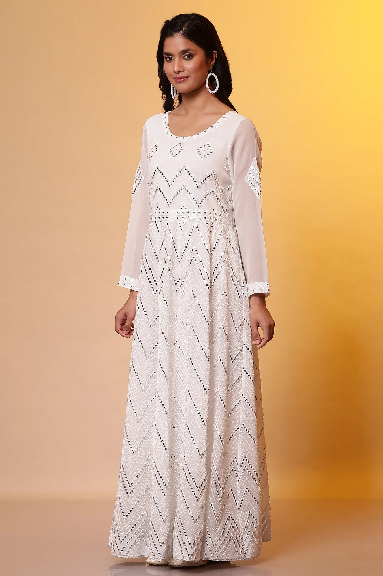 Off-White Mirror Embroidered Anarkali Dress and Dupatta Set - Image 3
