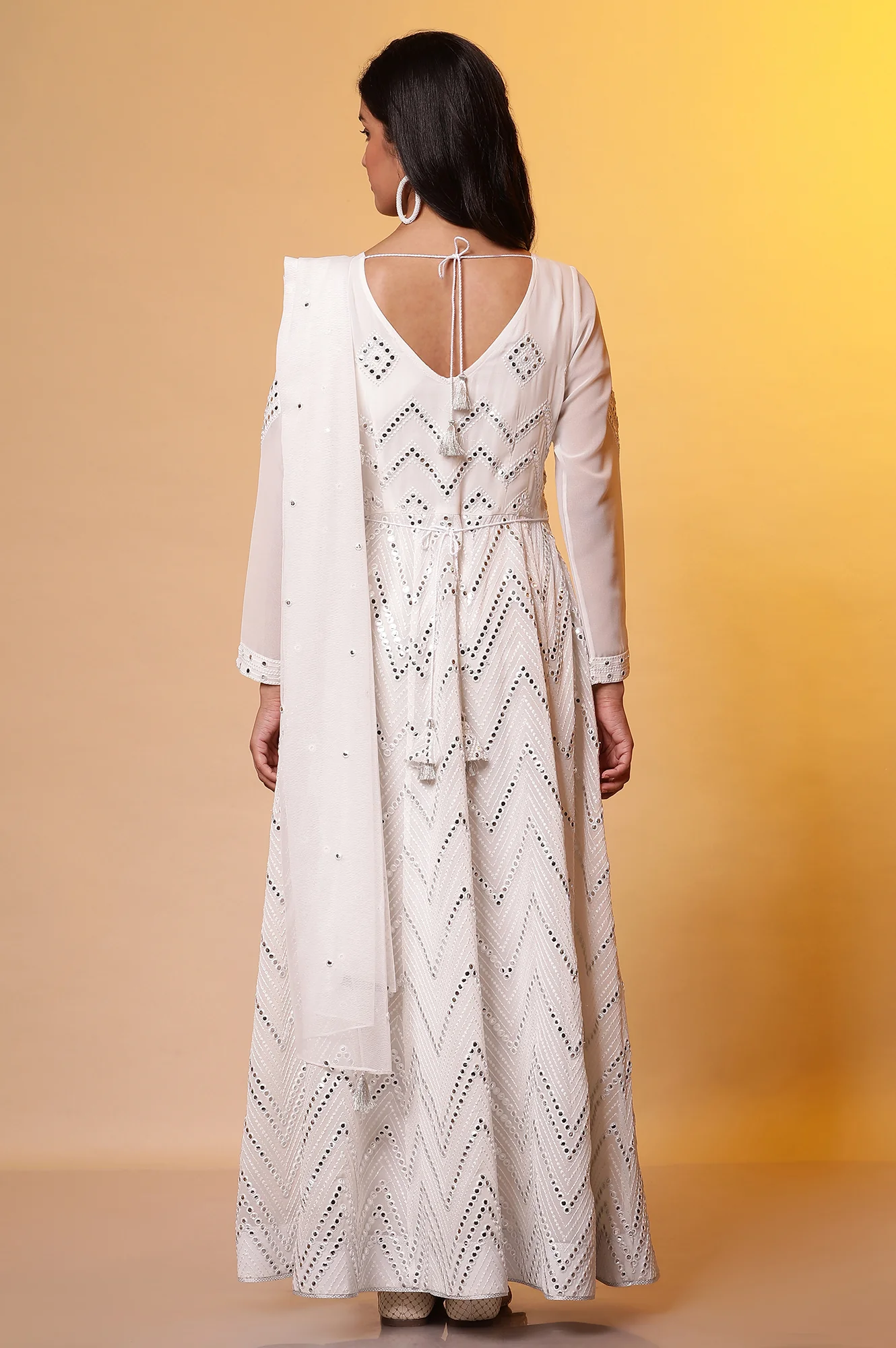 Off-White Mirror Embroidered Anarkali Dress and Dupatta Set - Image 4