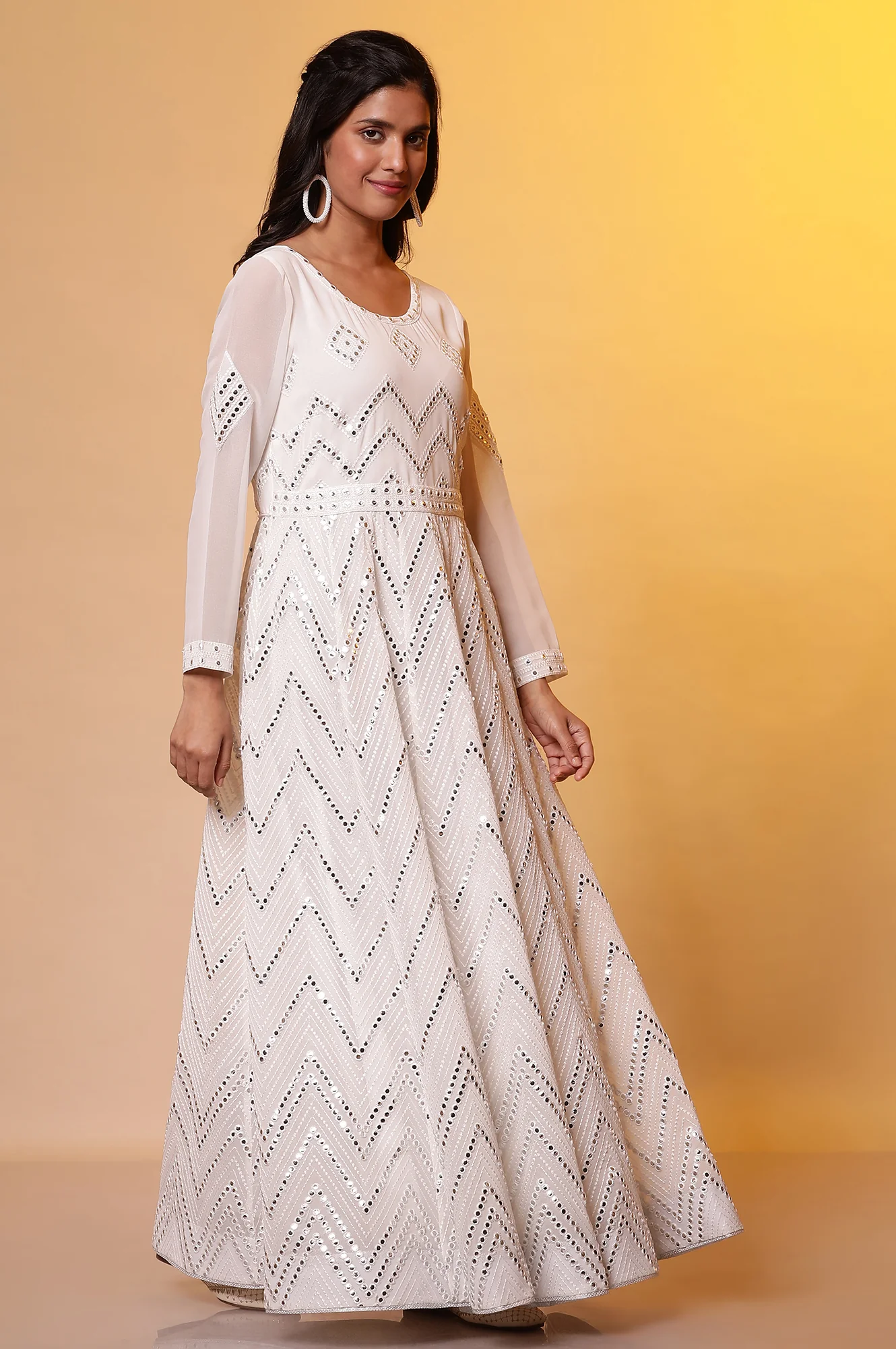 Off-White Mirror Embroidered Anarkali Dress and Dupatta Set - Image 5
