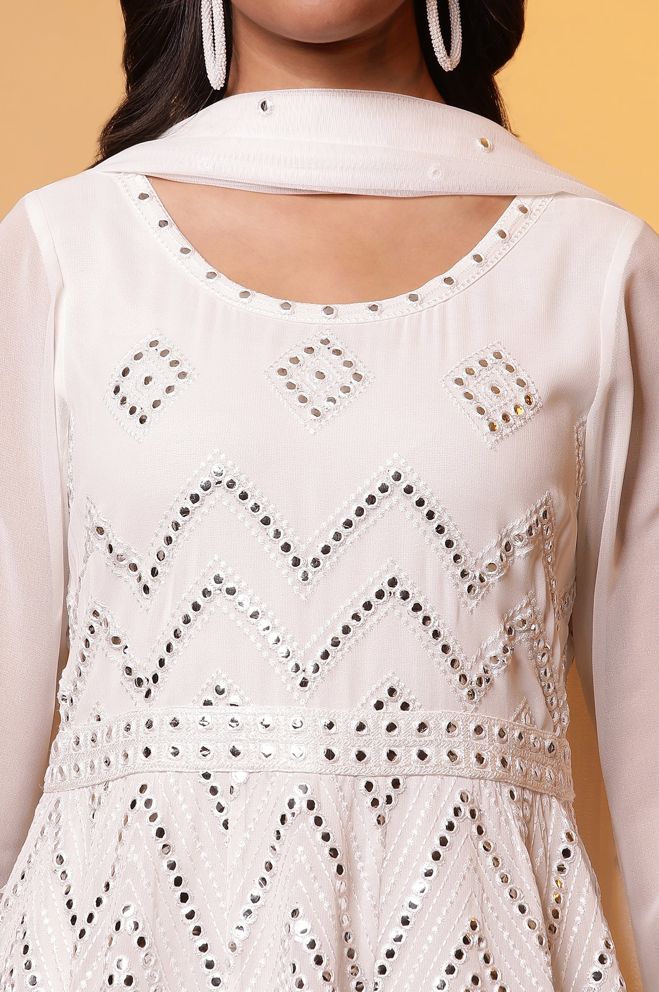 Off-White Mirror Embroidered Anarkali Dress and Dupatta Set - Image 6
