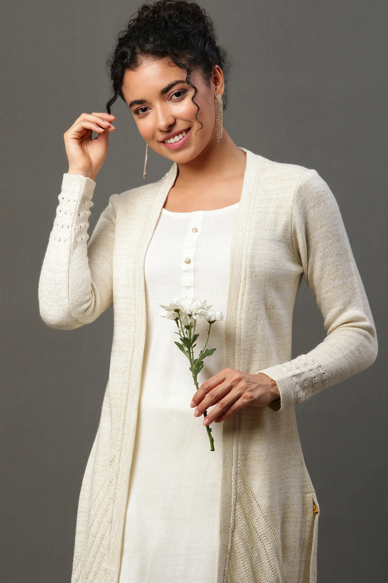 Off White Mock Layer Pointelle Kurta and Tights Set - Image 3