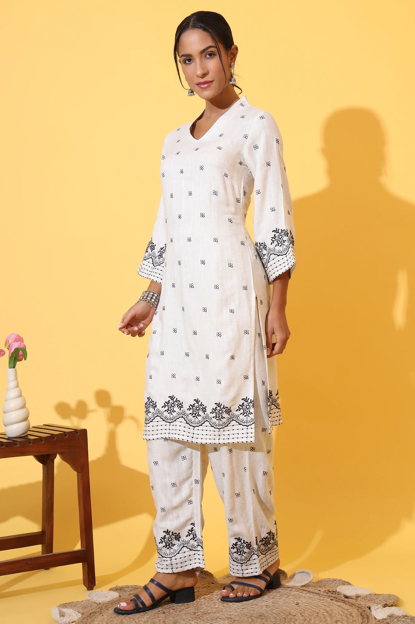 Off-White Schiffli Embroidered Pure Cotton Straight Kurta and Palazzo Co-ord Set - Image 5