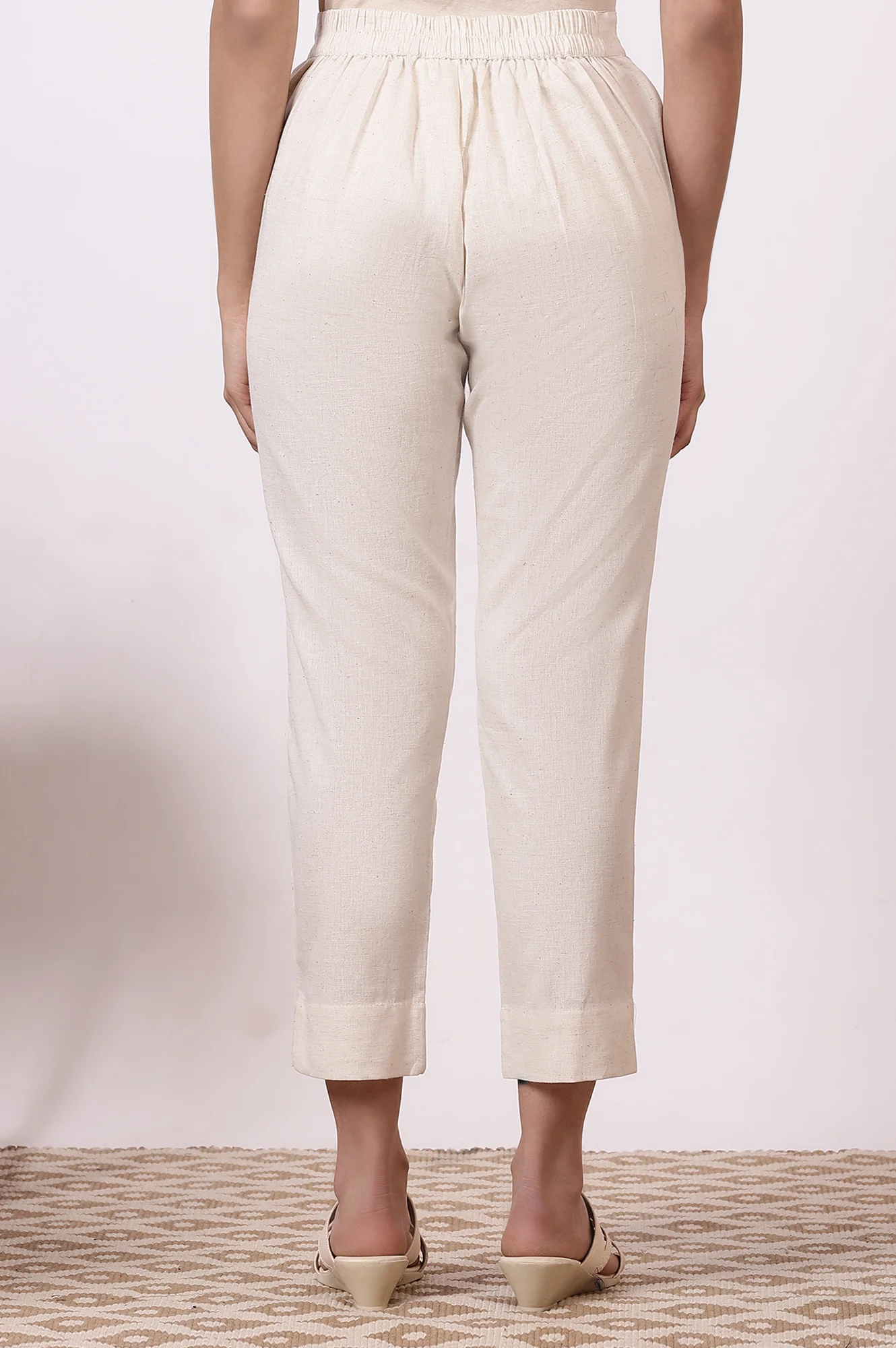 Off-White Solid Cotton Flax Everyday Trousers - Image 3