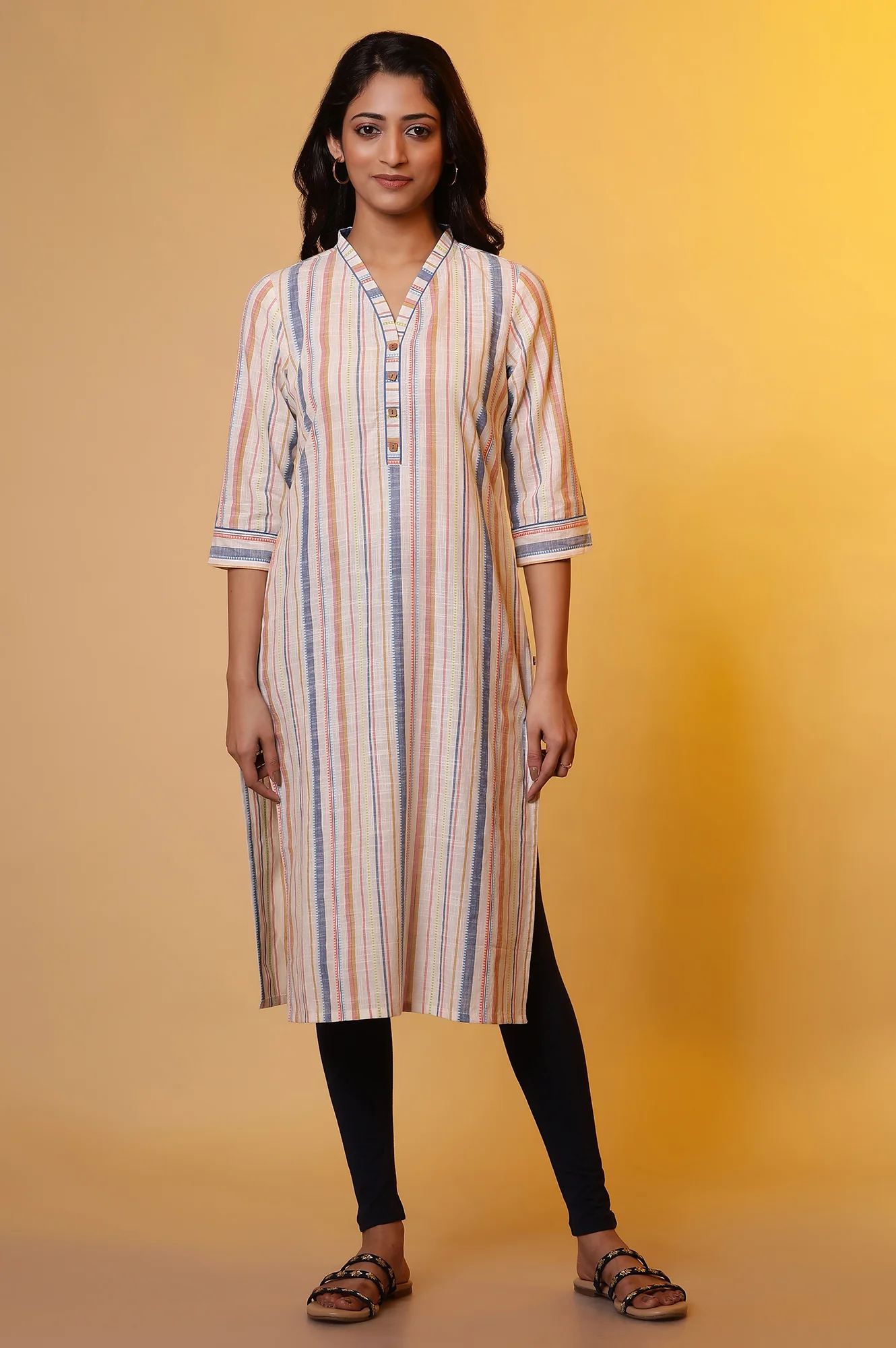 Off-White Straight Kurta with Multi-coloured Stripes - Image 2