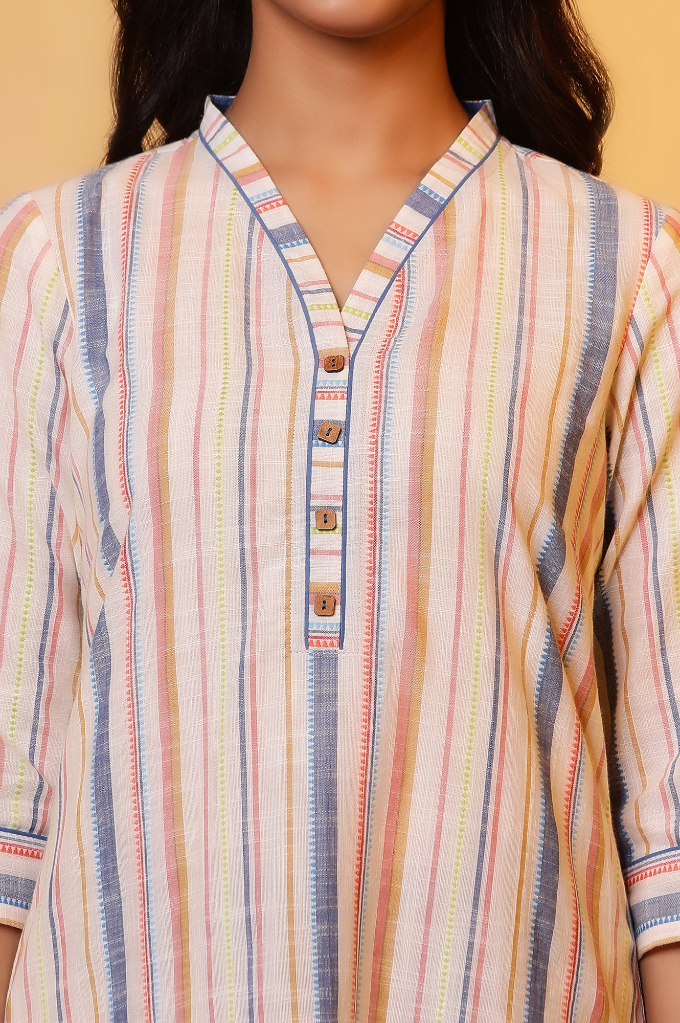 Off-White Straight Kurta with Multi-coloured Stripes - Image 6