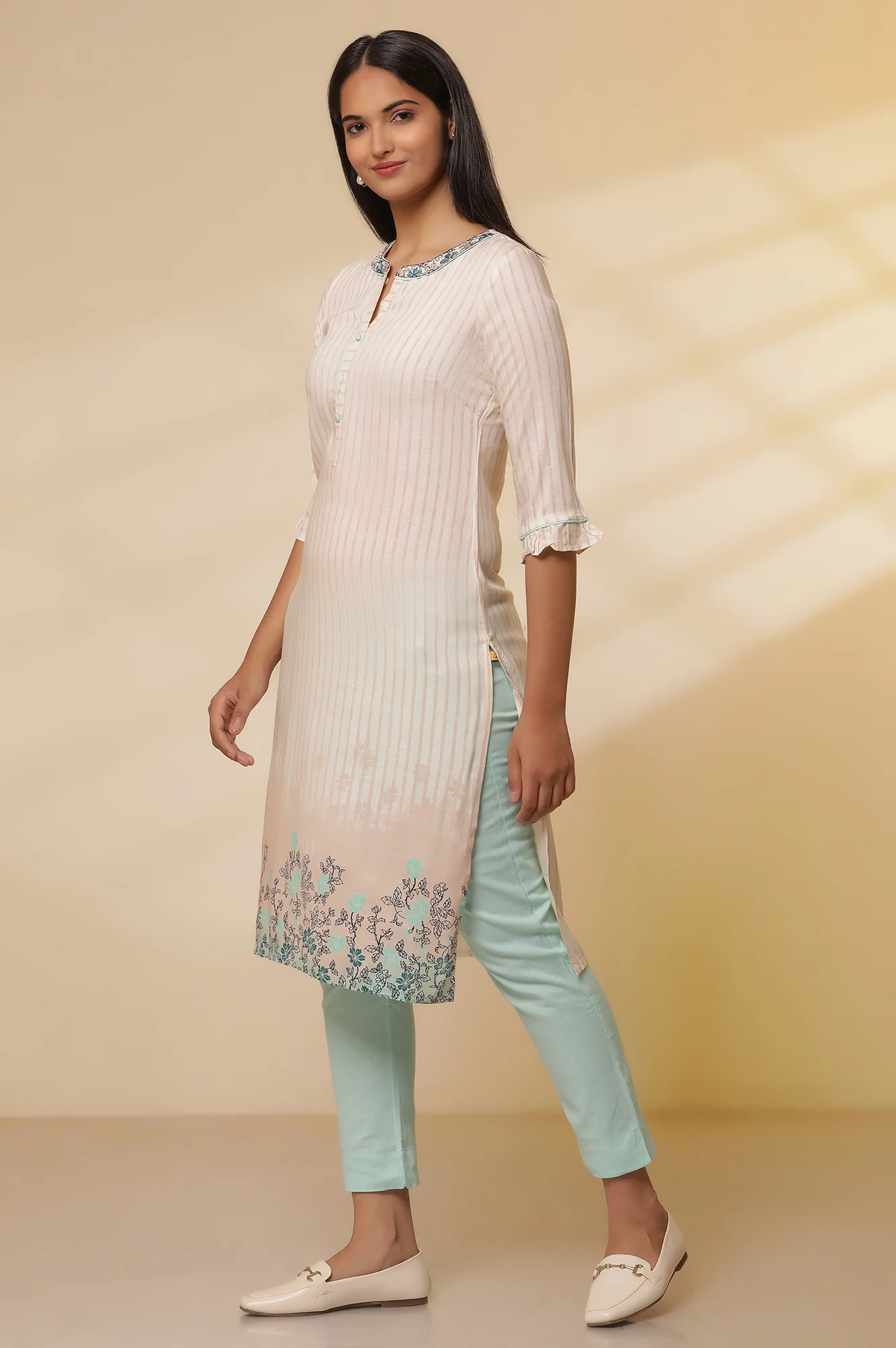 Off White Striped Band Collar Kurta and Trousers Set - Image 3