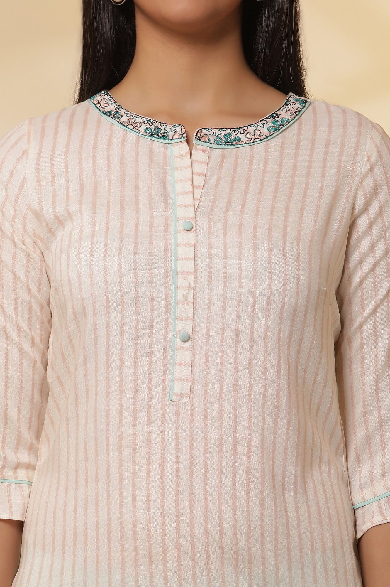 Off White Striped Band Collar Kurta and Trousers Set - Image 6