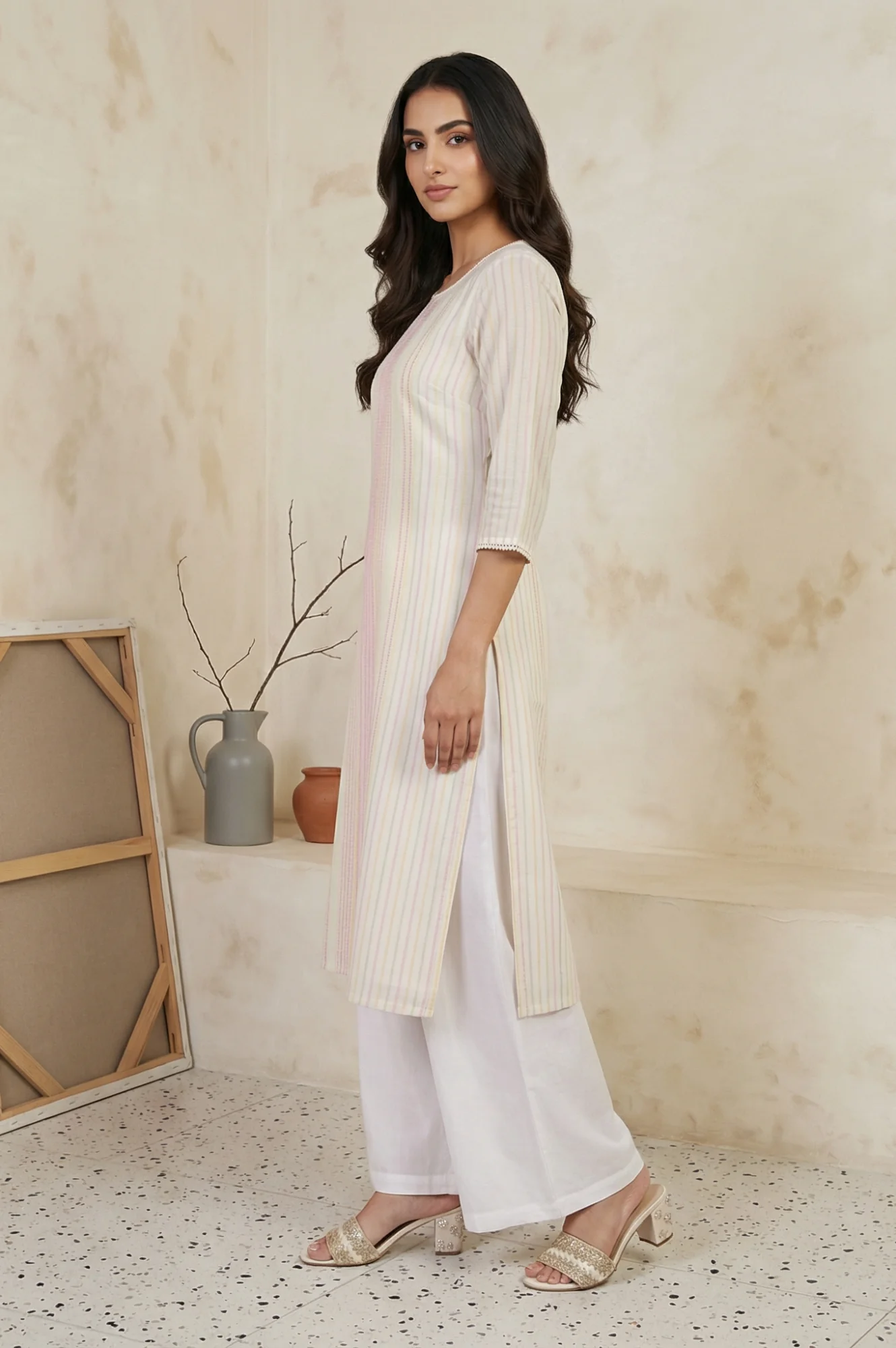 Off-White Striped Lace Trim Pure Cotton Straight Kurta - Image 3