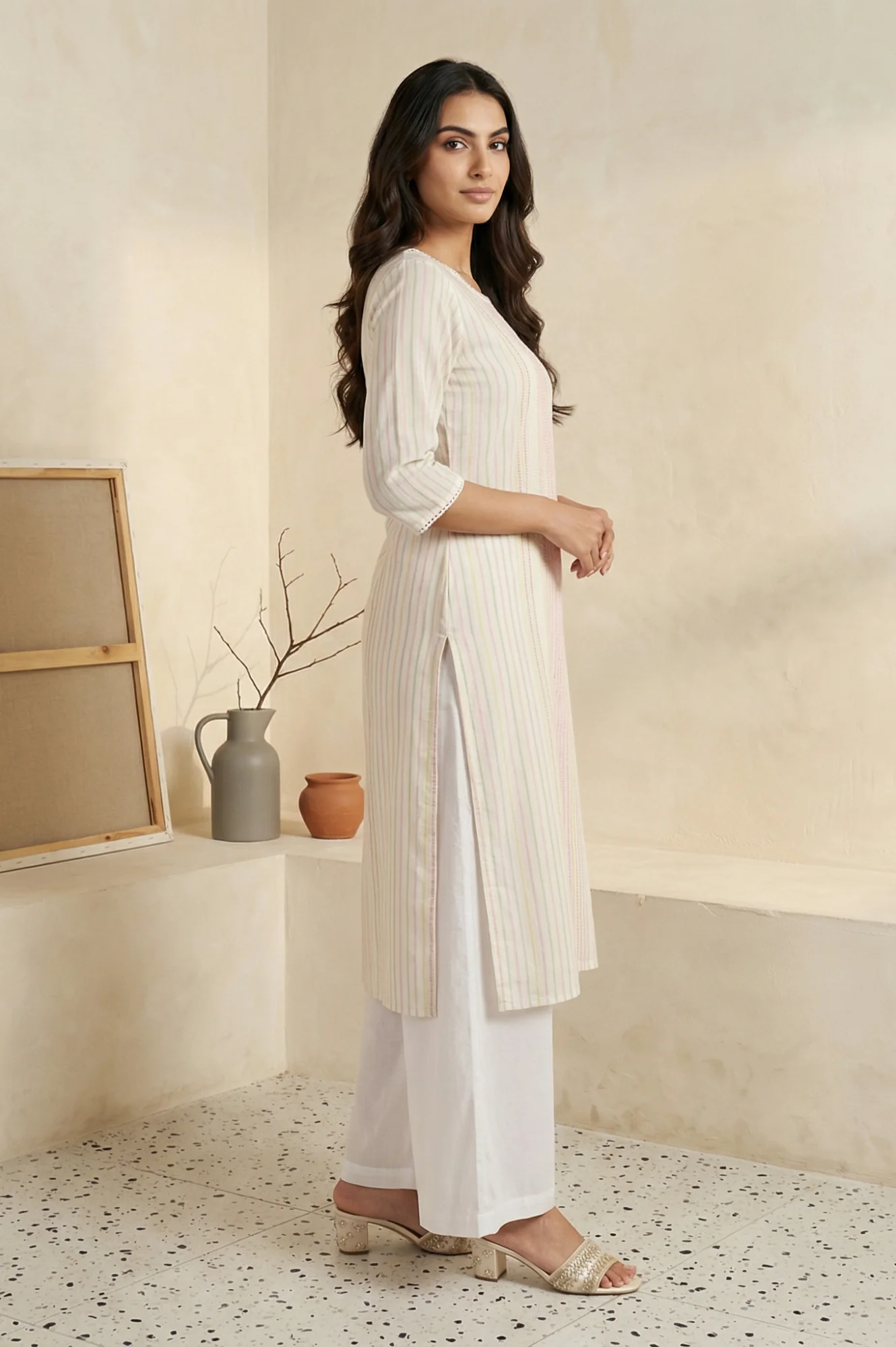 Off-White Striped Lace Trim Pure Cotton Straight Kurta - Image 5