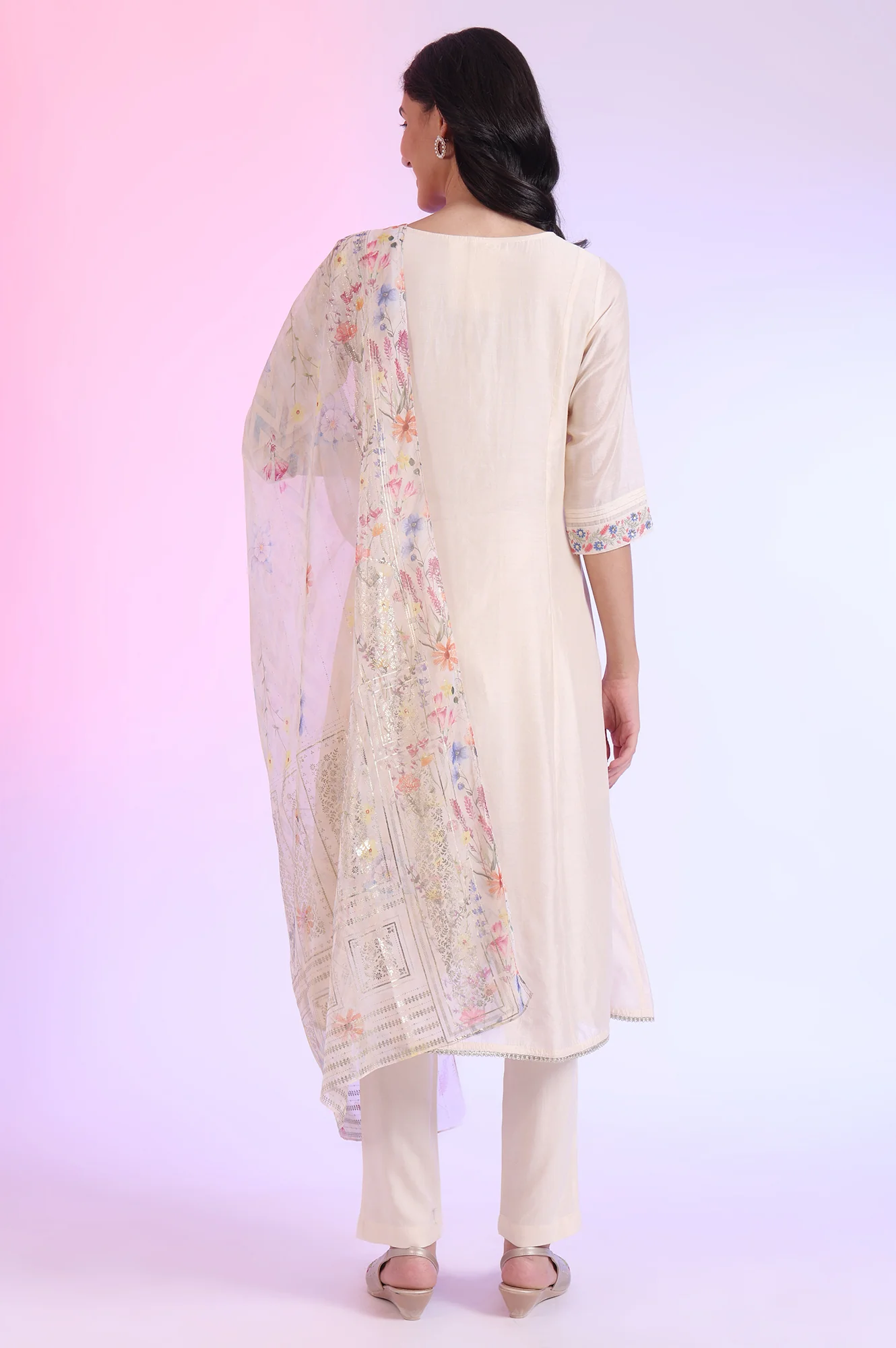 Off White Yarn Dyed Cotton Blend Flarred Kurta with Trousers & Dupatta Set - Image 6