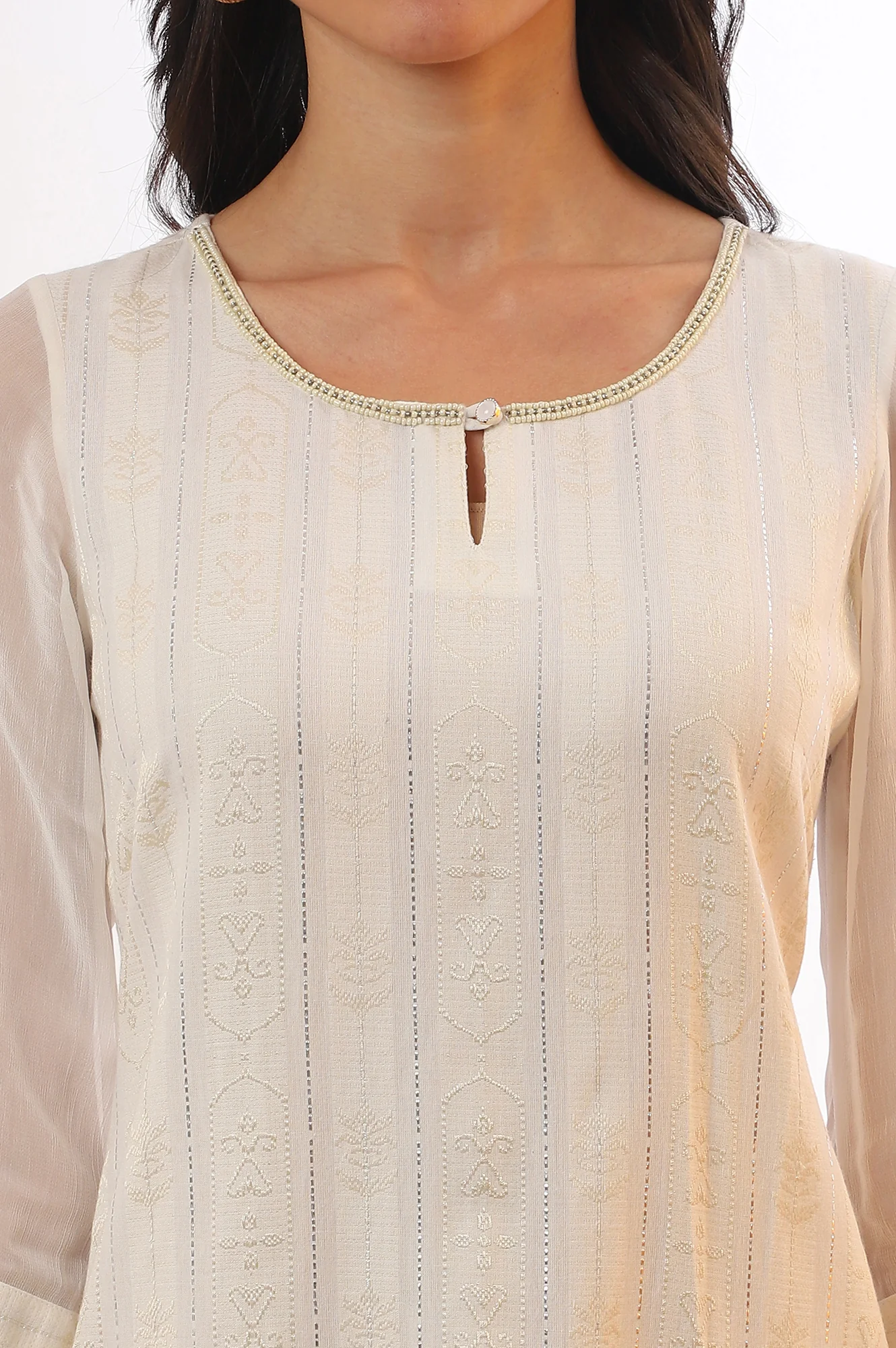 Off White Yarn Dyed Straight Cotton Blend Kurta - Image 4