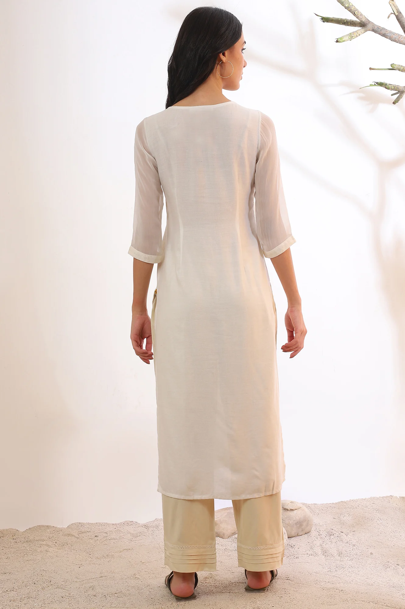 Off White Yarn Dyed Straight Cotton Blend Kurta - Image 6