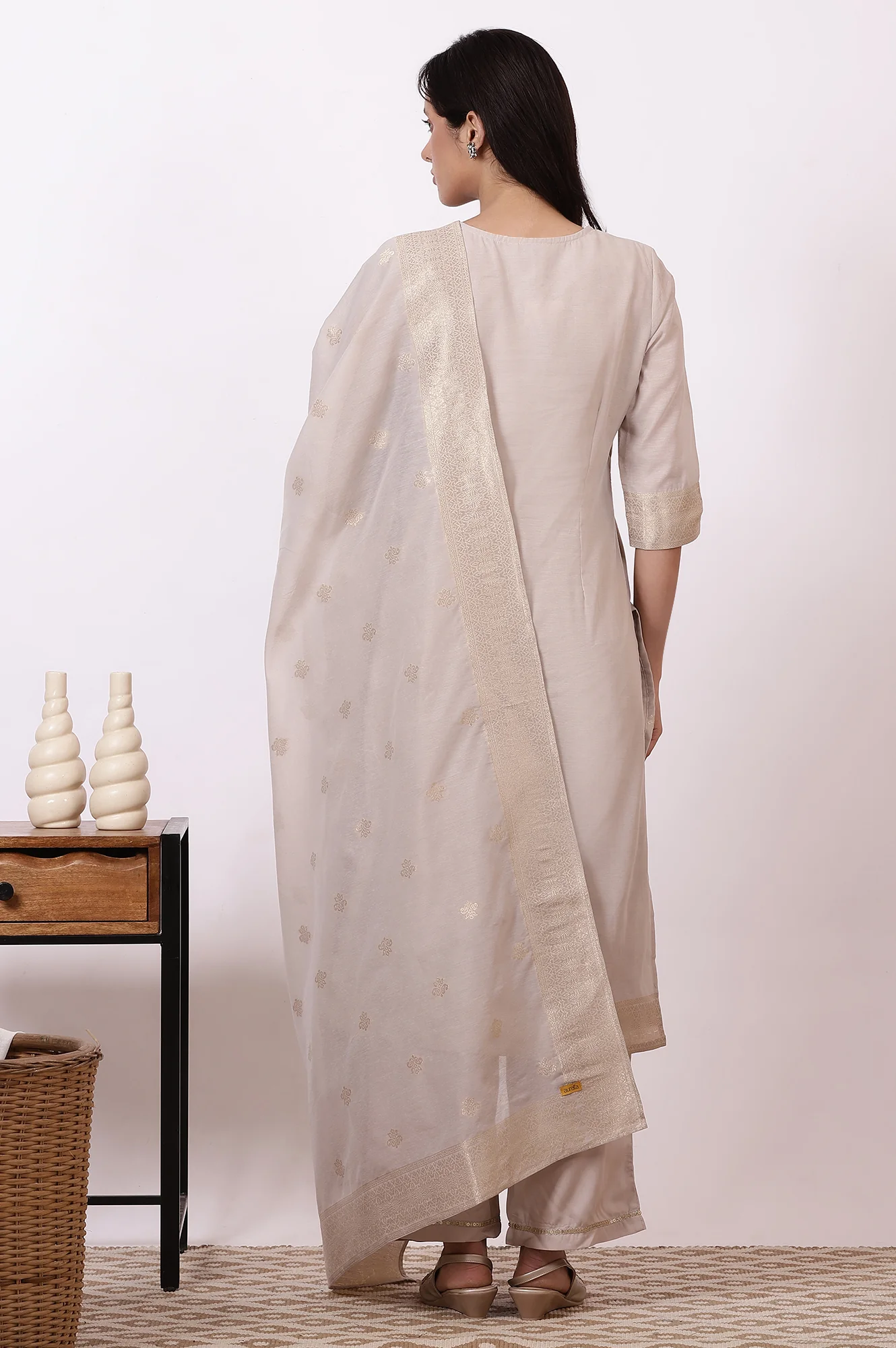 Off-White Zari Embroidered Yarn Dyed Straight Kurta, Palazzo and Dupatta Set - Image 5