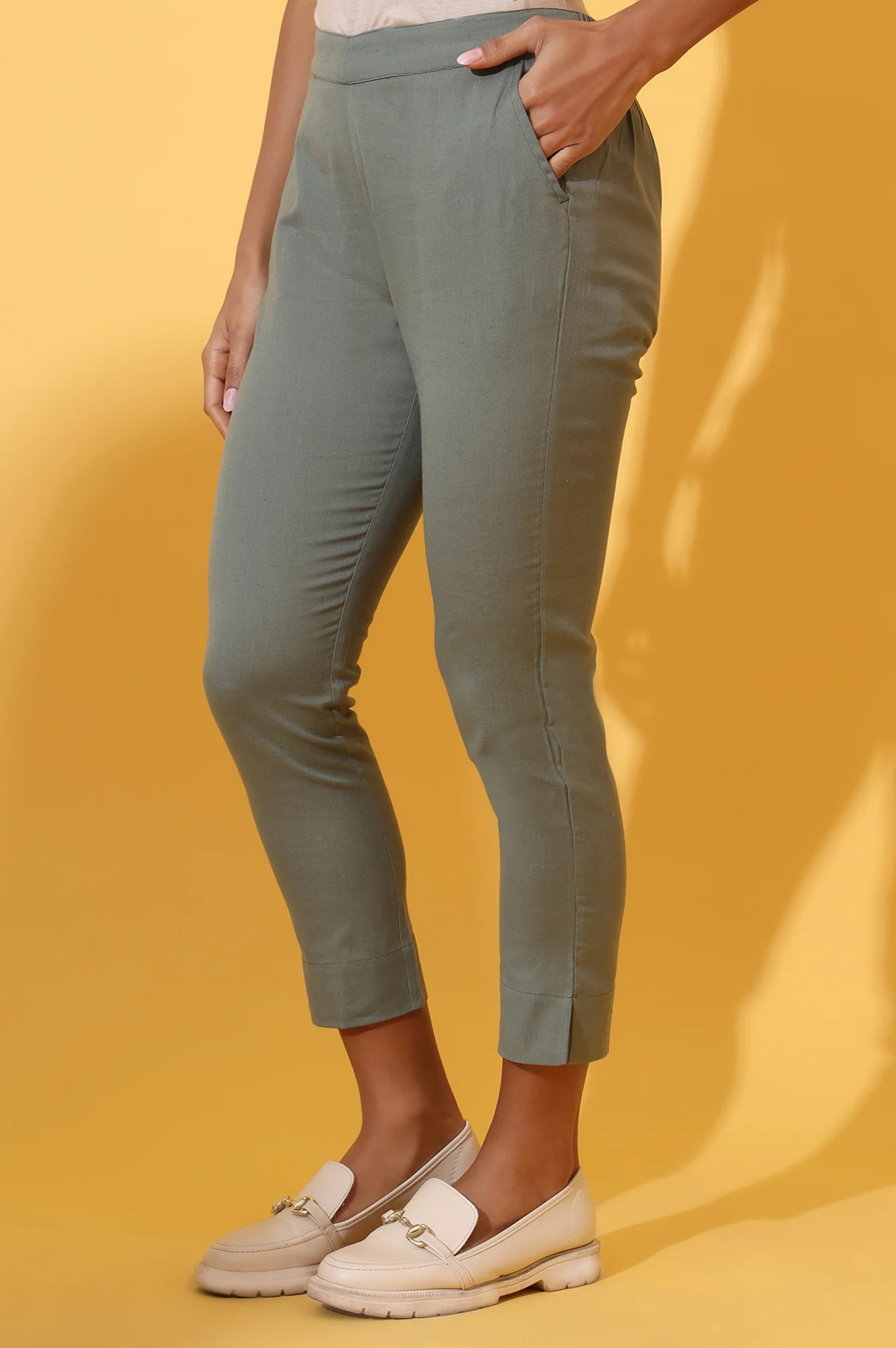 Oil Green Solid Cotton Flax Trouser Pants - Image 3