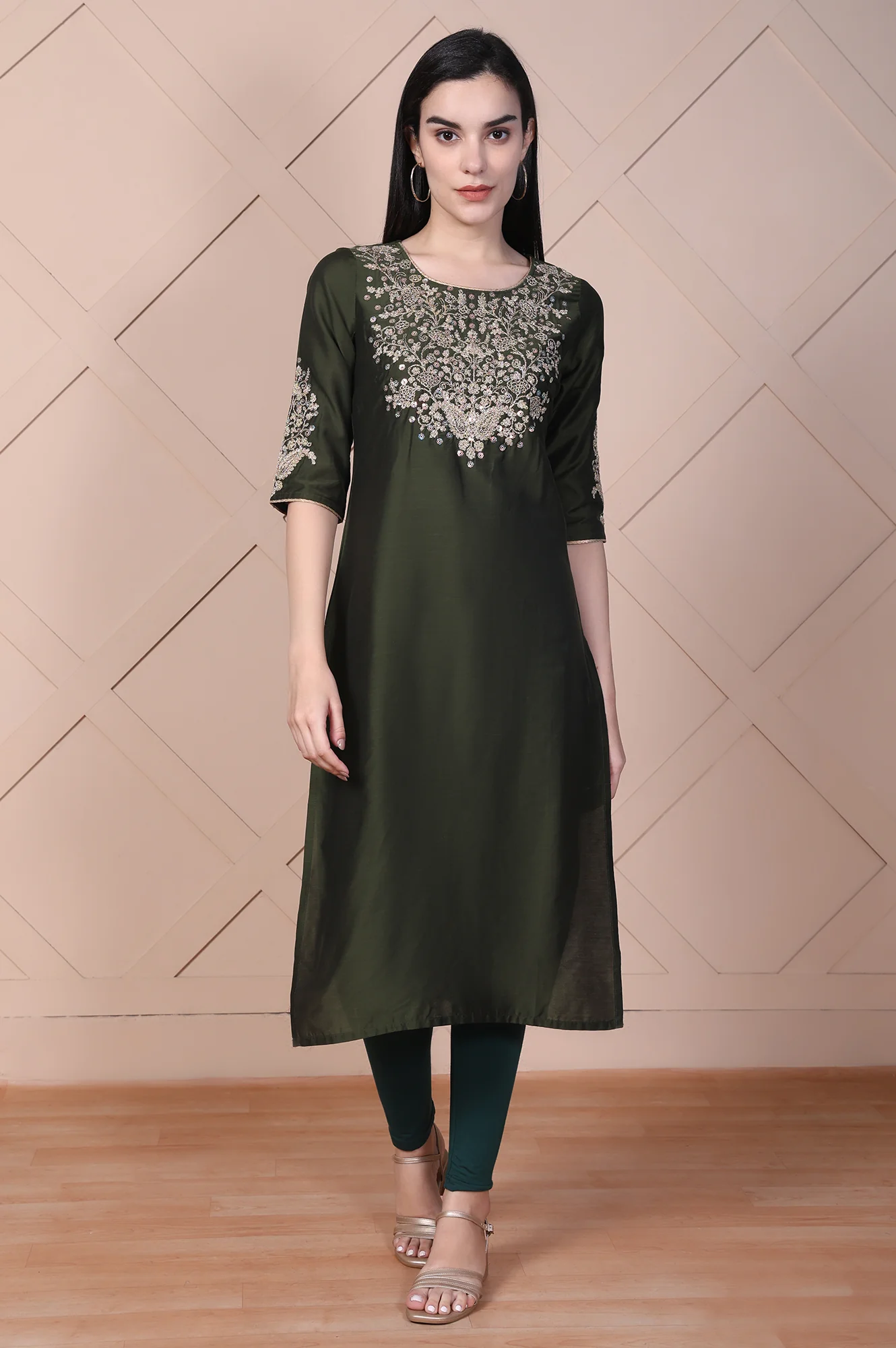 Olive Green Embroidered Straight Rayon Kurta - Image 2