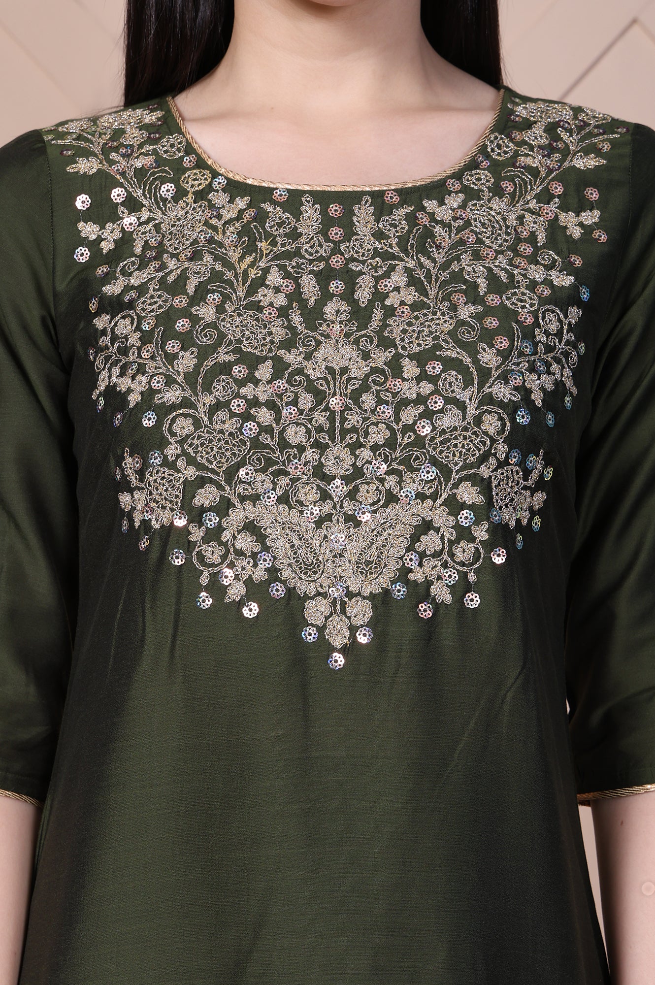 Olive Green Embroidered Straight Rayon Kurta - Image 3