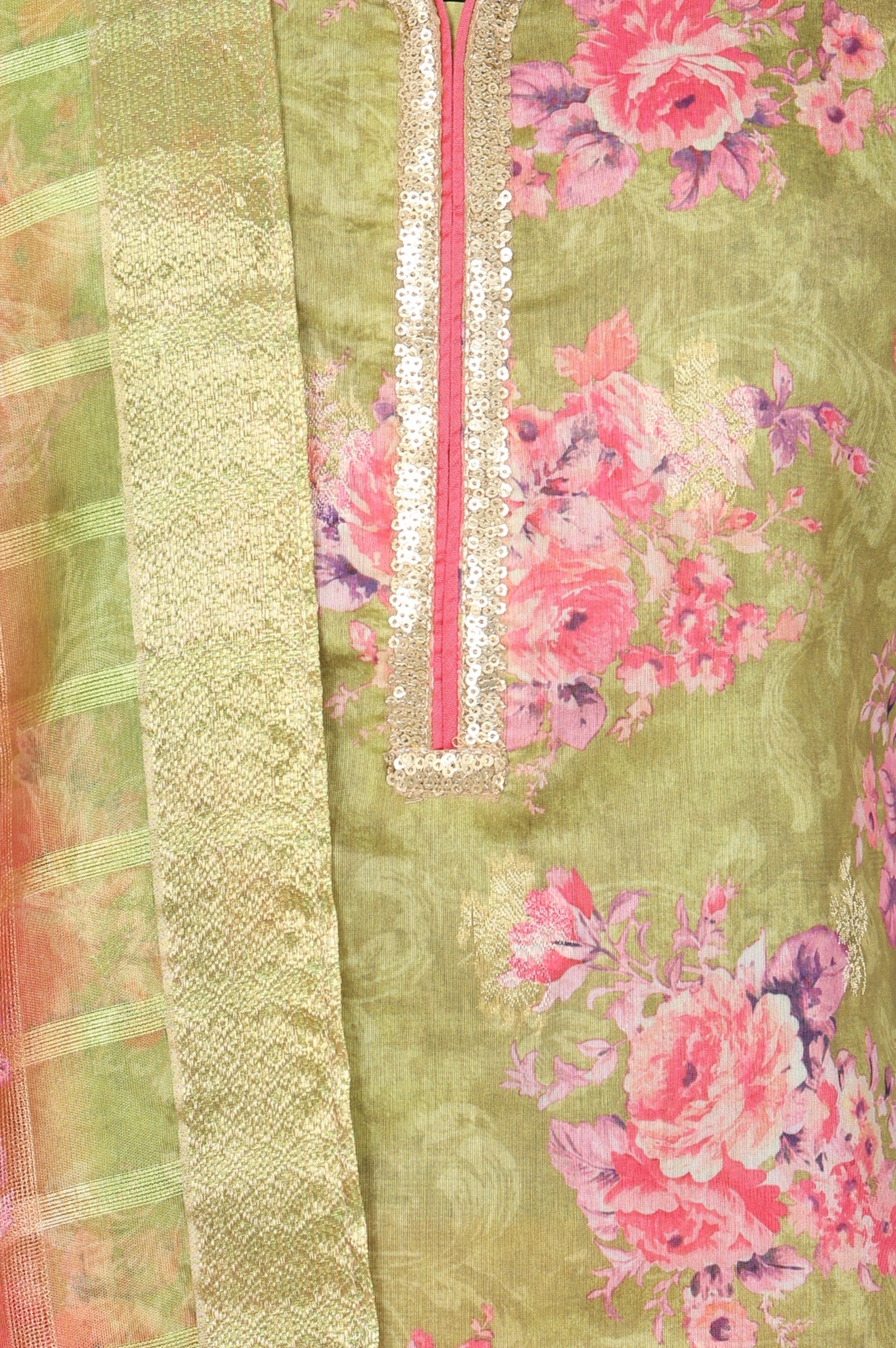Olive Green Jacquard Zari Lace Straight Kurta with Trousers and Dupatta Set - Image 2
