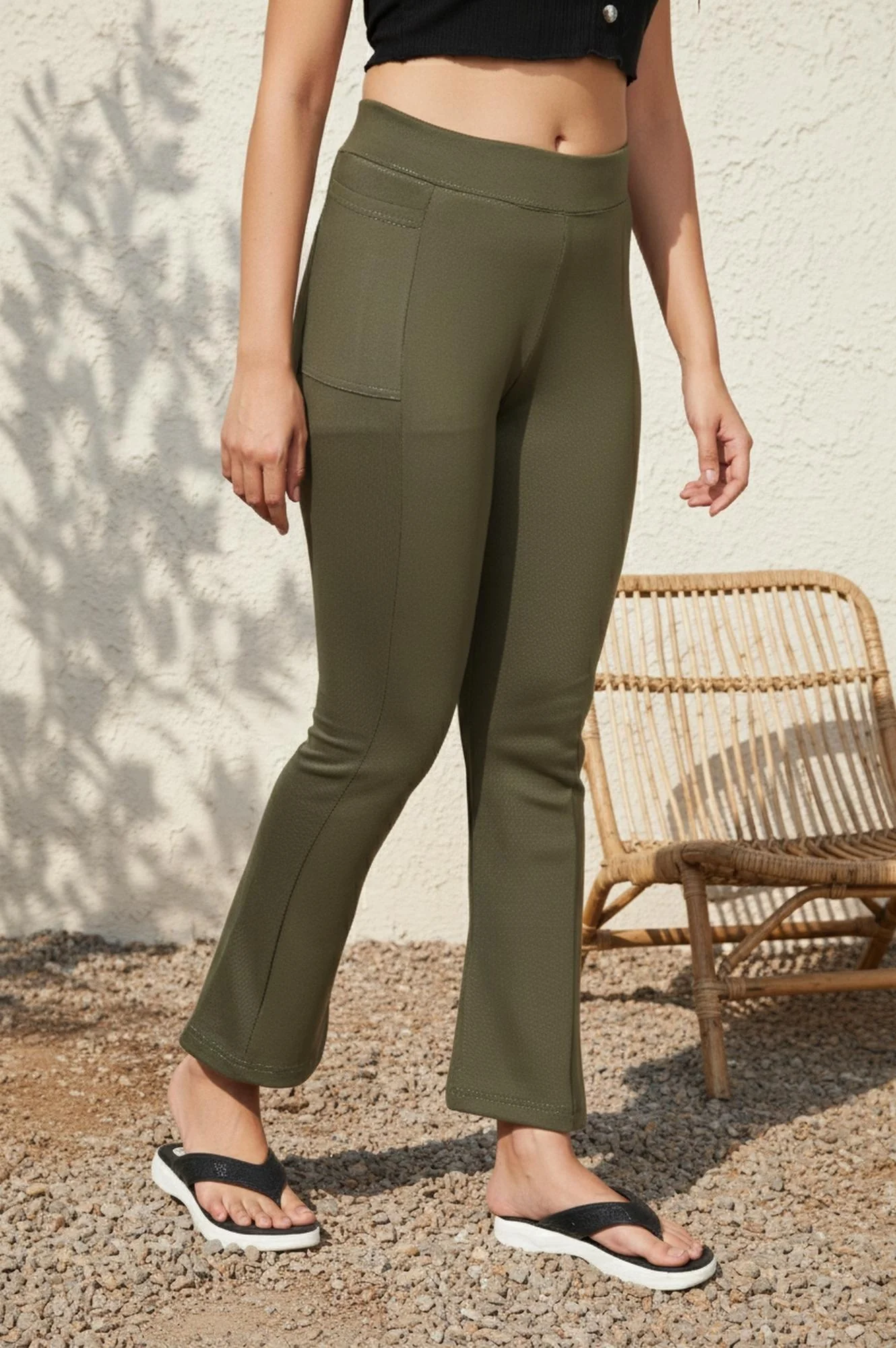 Olive Green Solid Ankle-Length Rayon Tights - Image 2