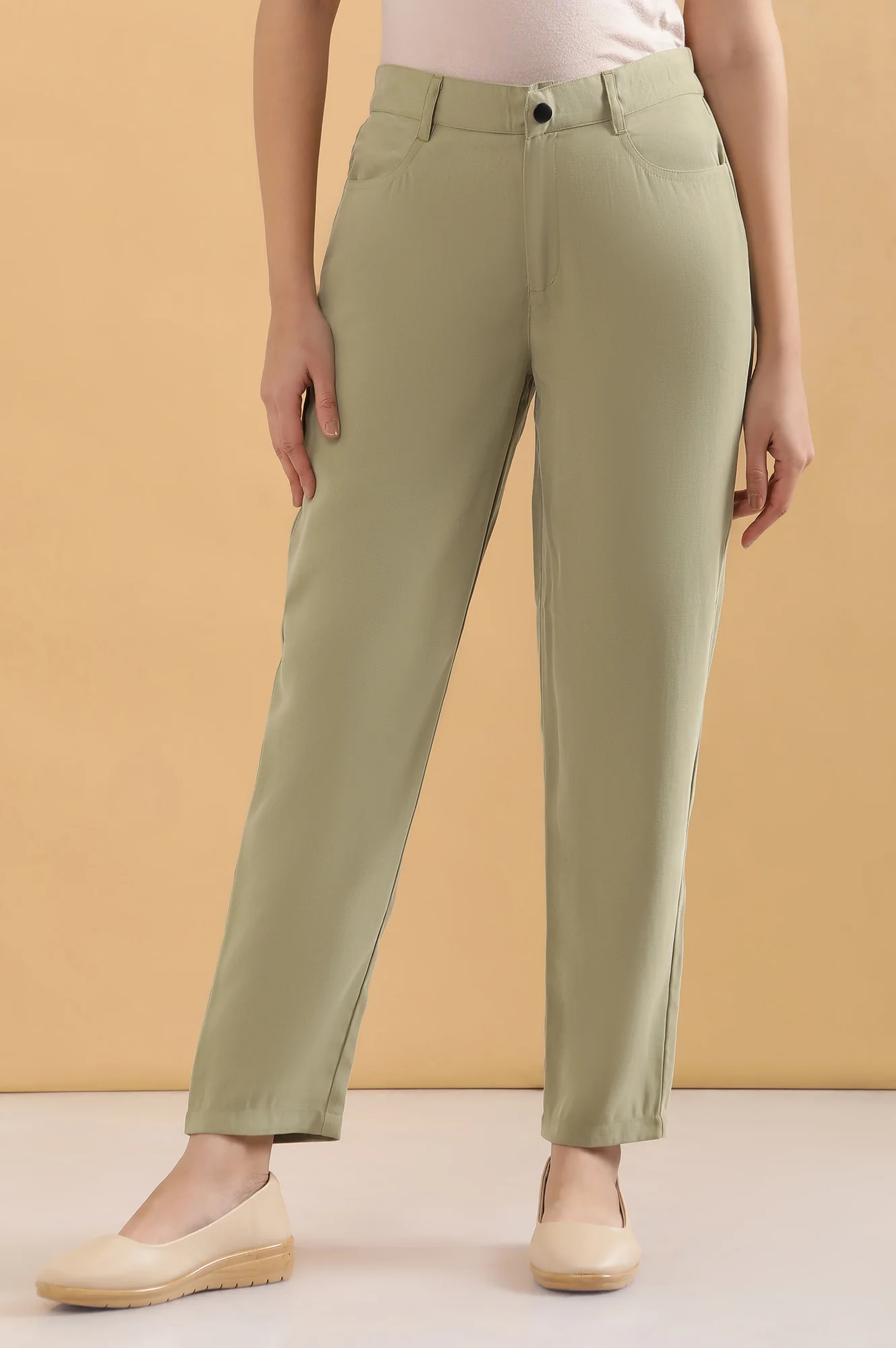 Green Solid Straight Fit Woven Pants With Belt Loops - Image 2