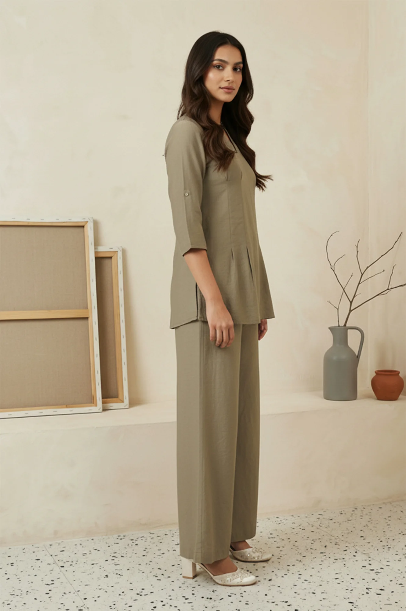 Olive Solid Buttons Straight Top with Palazzo Set - Image 6